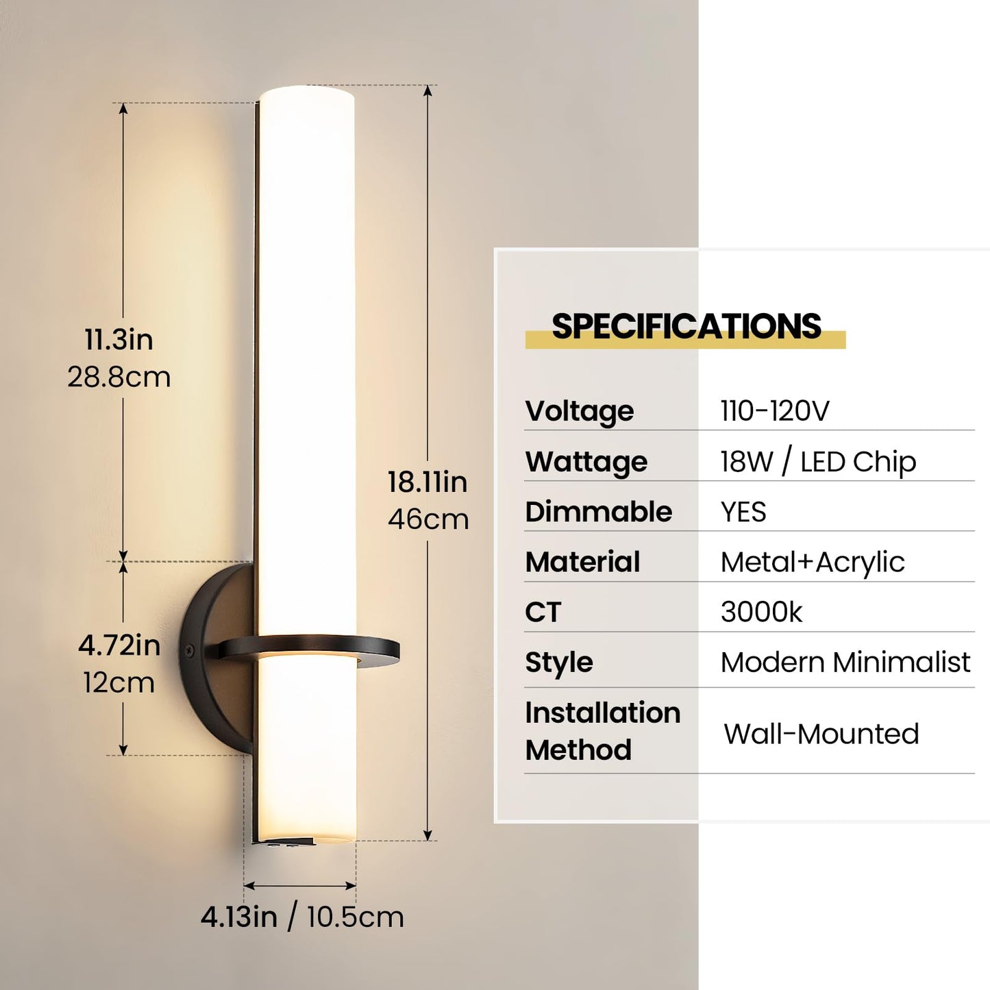 Gold Wall Sconces Set of Two - Dimmable Modern Sconces Wall Lighting 18W 3000K Led Wall Lights Acrylic Lampshade Hardwired Wall Light Fixtures for Living Room Bedroom Bathroom Hallway 18inch