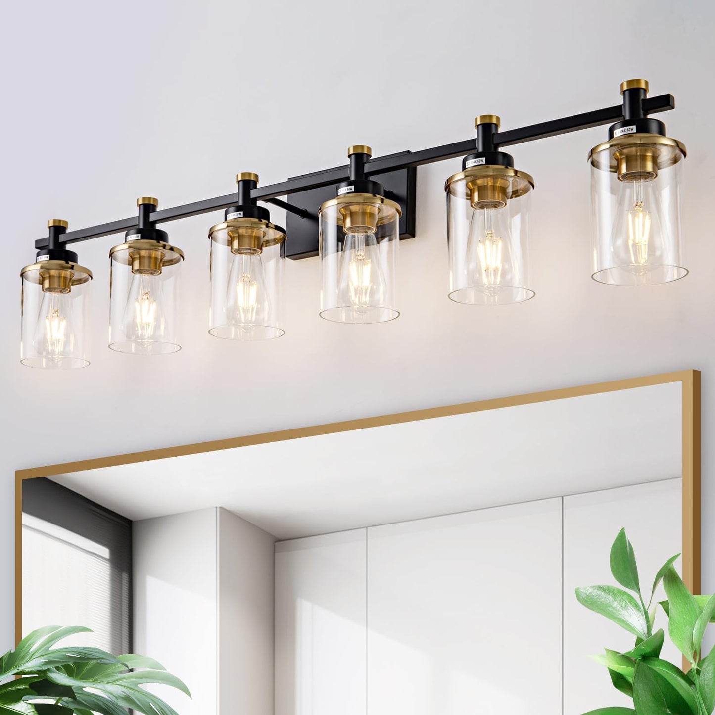 3 Light Bathroom Light Fixtures, Black and Brushed Gold Vanity Light Fixture Over Mirror, Modern Wall Sconces Lighting Wall Lamp for Bathroom, Bedroom, Hallway with Clear Glass Shade