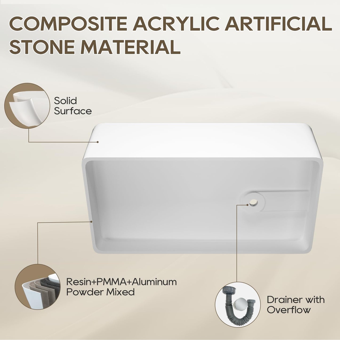 Freestanding Solid Surface Resin Stone Bathtub, Contemporary Design Stand Alone Tub with Pop-up Drain and Overflow, cUPC Certified (PO1041)