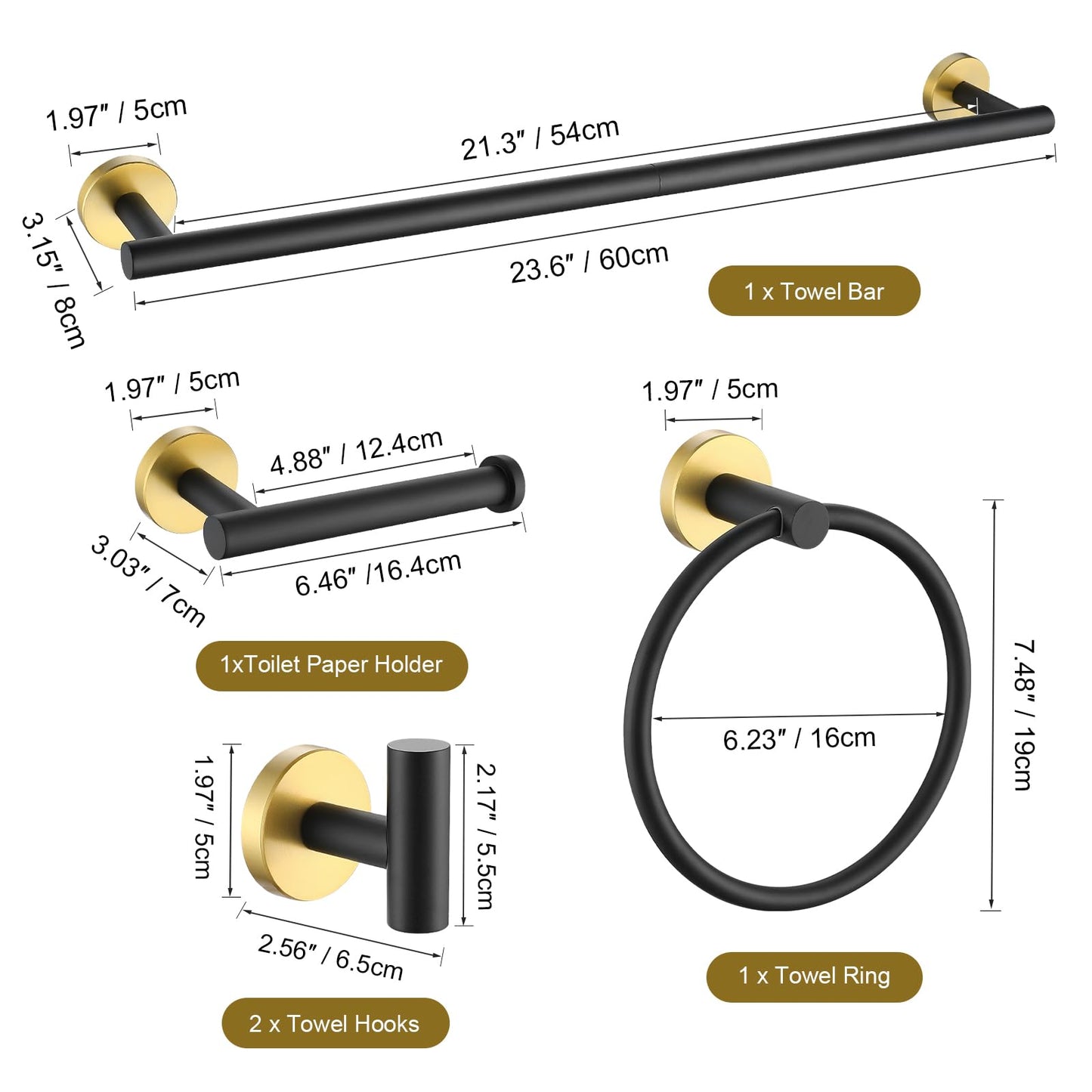 TURS Brushed Gold 5 Piece Bathroom Hardware Set, SUS304 Stainless Steel 24 Inch Bath Towel Bar Set, Round Bathroom Accessories Kit Wall Mounted