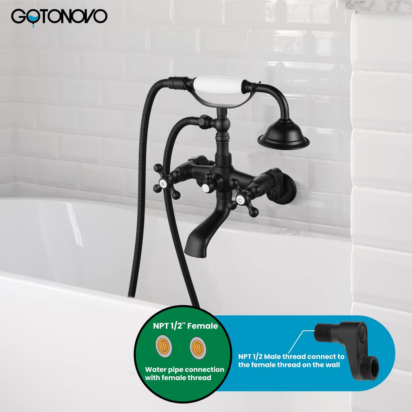 gotonovo Bathtub Clawfoot Faucet Brushed Nickel Finish Wall Mount Tub Filler with Hand Held Shower Faucet 2 Cross Handles with Tub Spout Victorian Vintage Telephone Style
