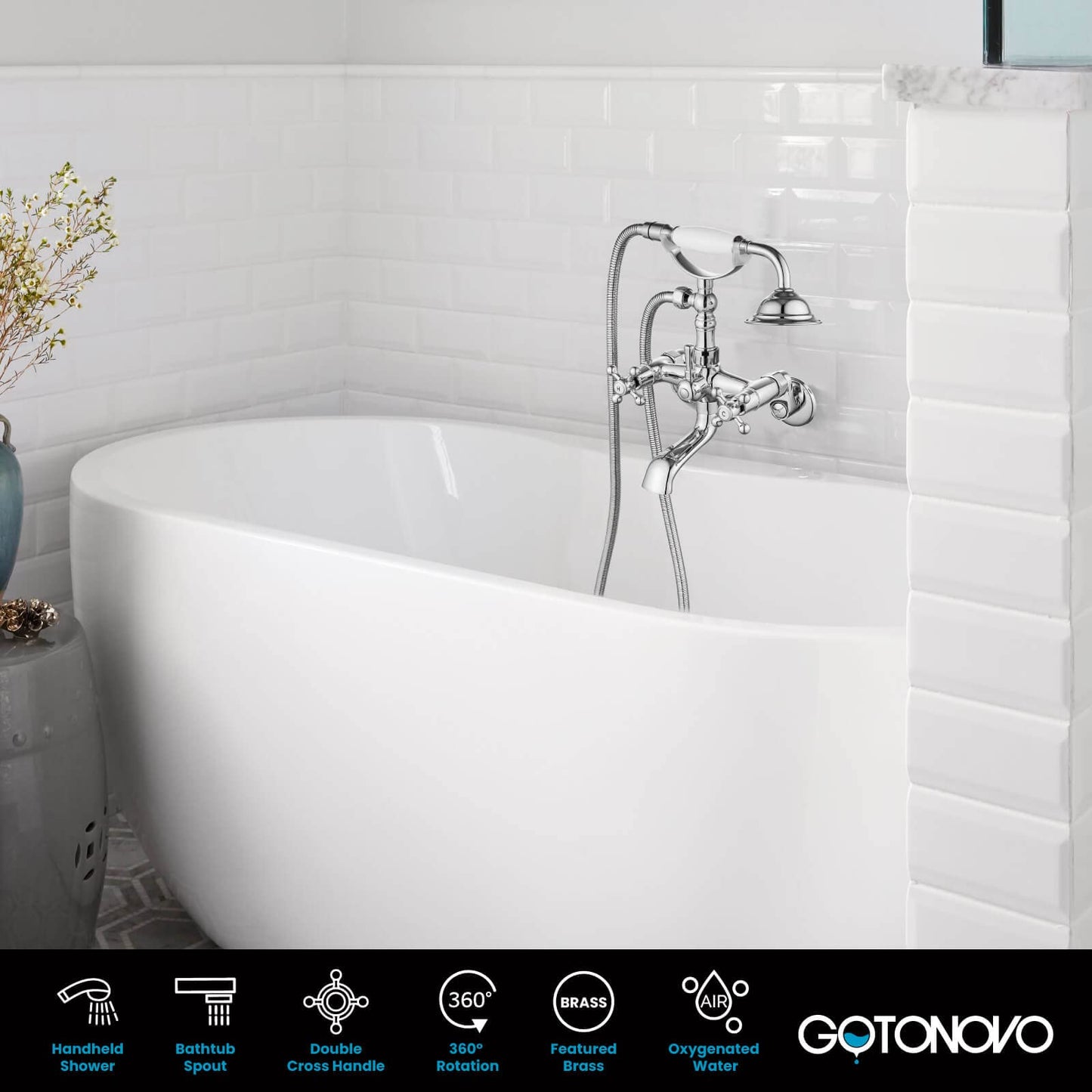 gotonovo Bathtub Clawfoot Faucet Brushed Nickel Finish Wall Mount Tub Filler with Hand Held Shower Faucet 2 Cross Handles with Tub Spout Victorian Vintage Telephone Style