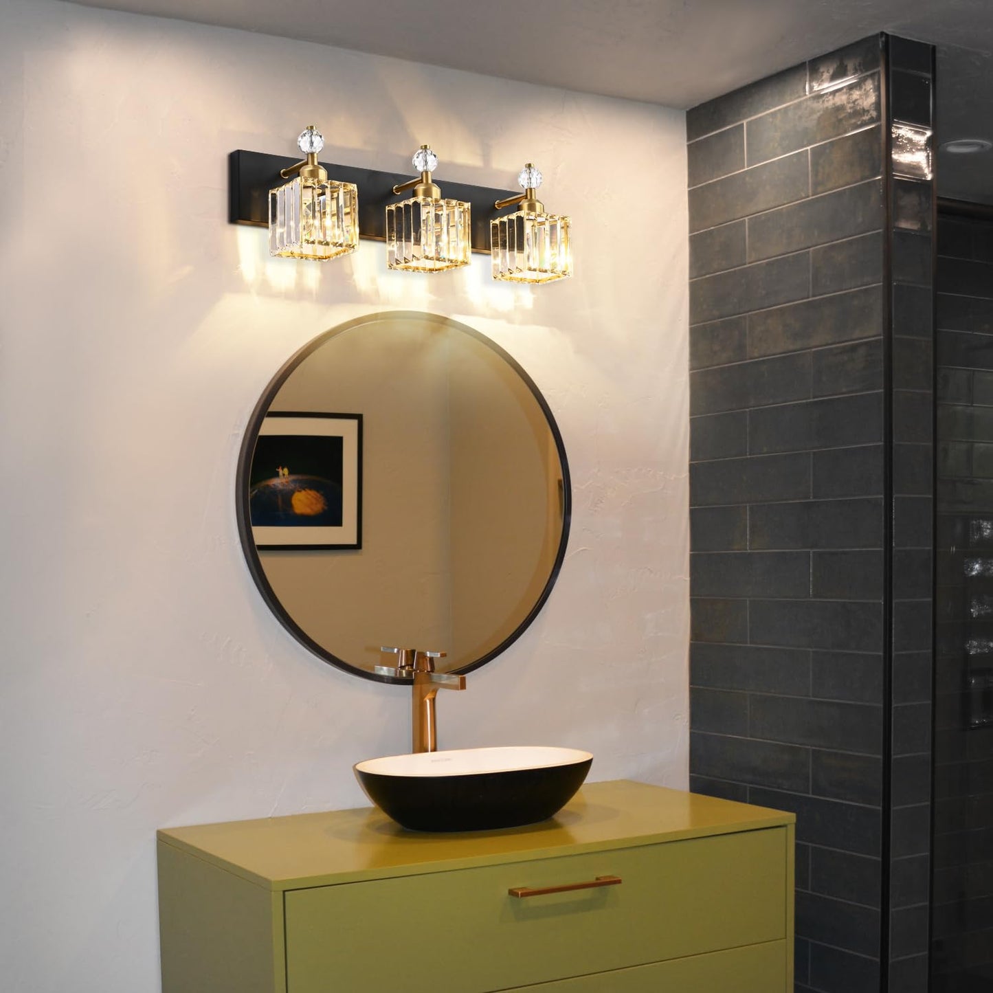 PRESDE Black Gold Crystal Bathroom Vanity Lights Fixtures Over Mirror Modern 3 Light Bath Wall Lighting
