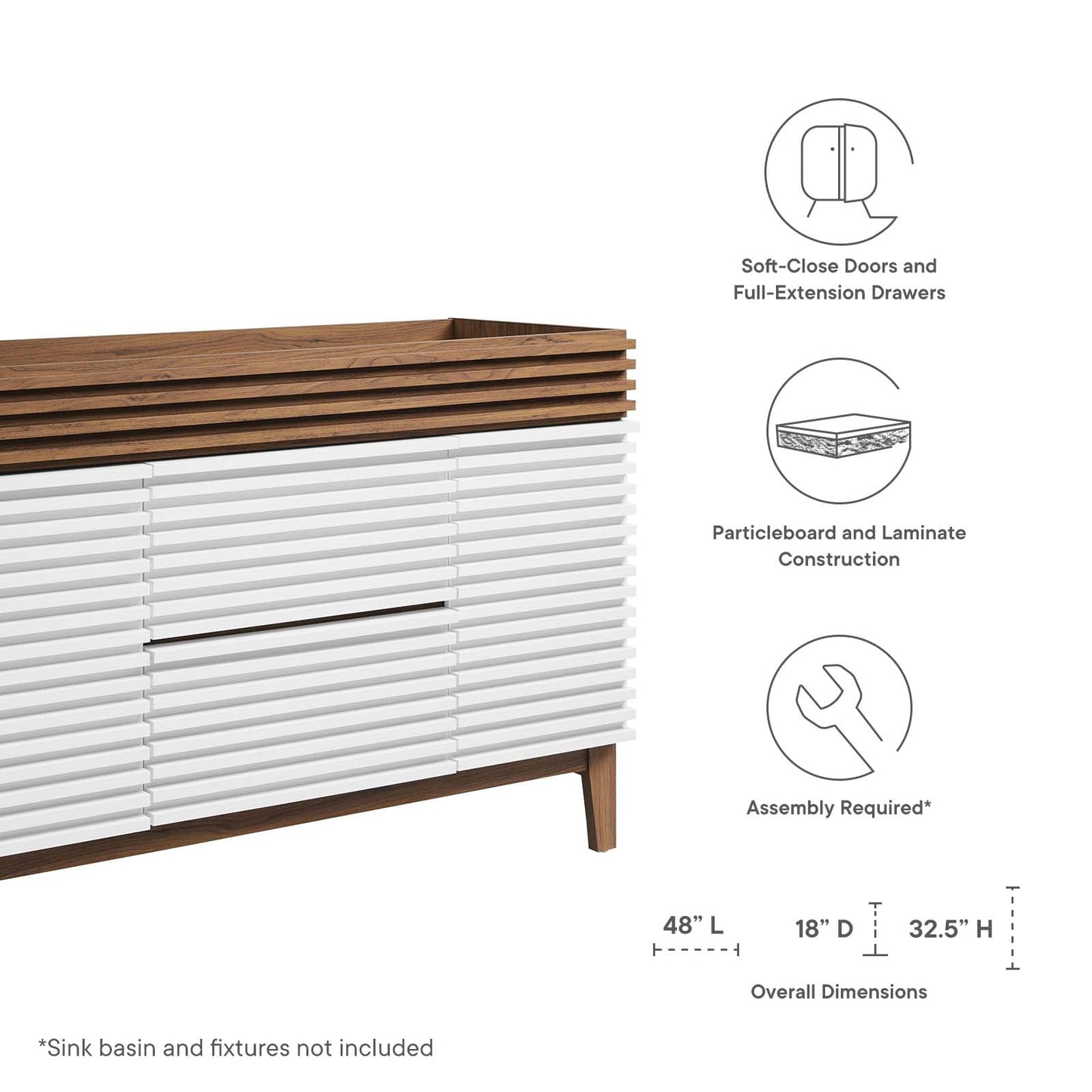 Modway Render 48" Double Sink Bathroom Vanity Cabinet in Walnut White