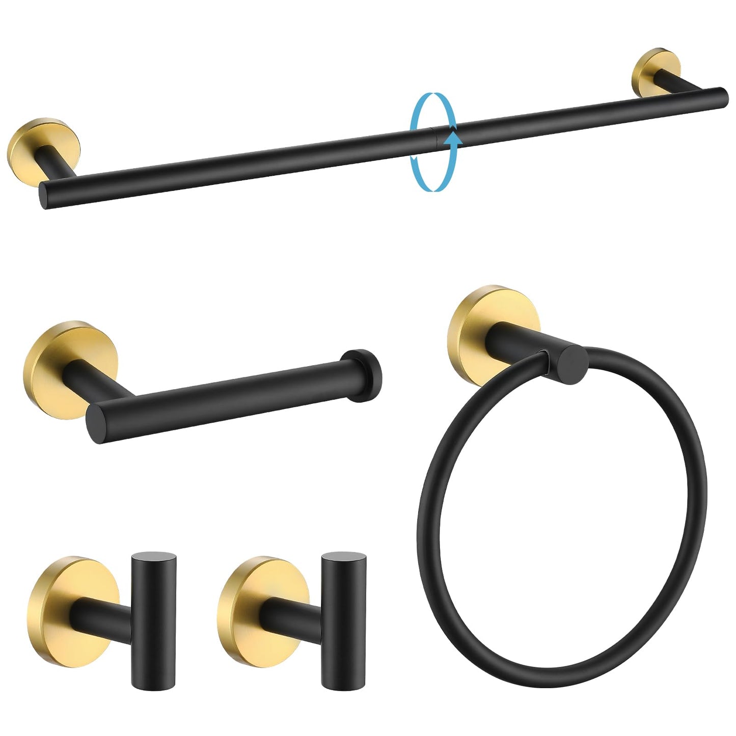 TURS Brushed Gold 5 Piece Bathroom Hardware Set, SUS304 Stainless Steel 24 Inch Bath Towel Bar Set, Round Bathroom Accessories Kit Wall Mounted