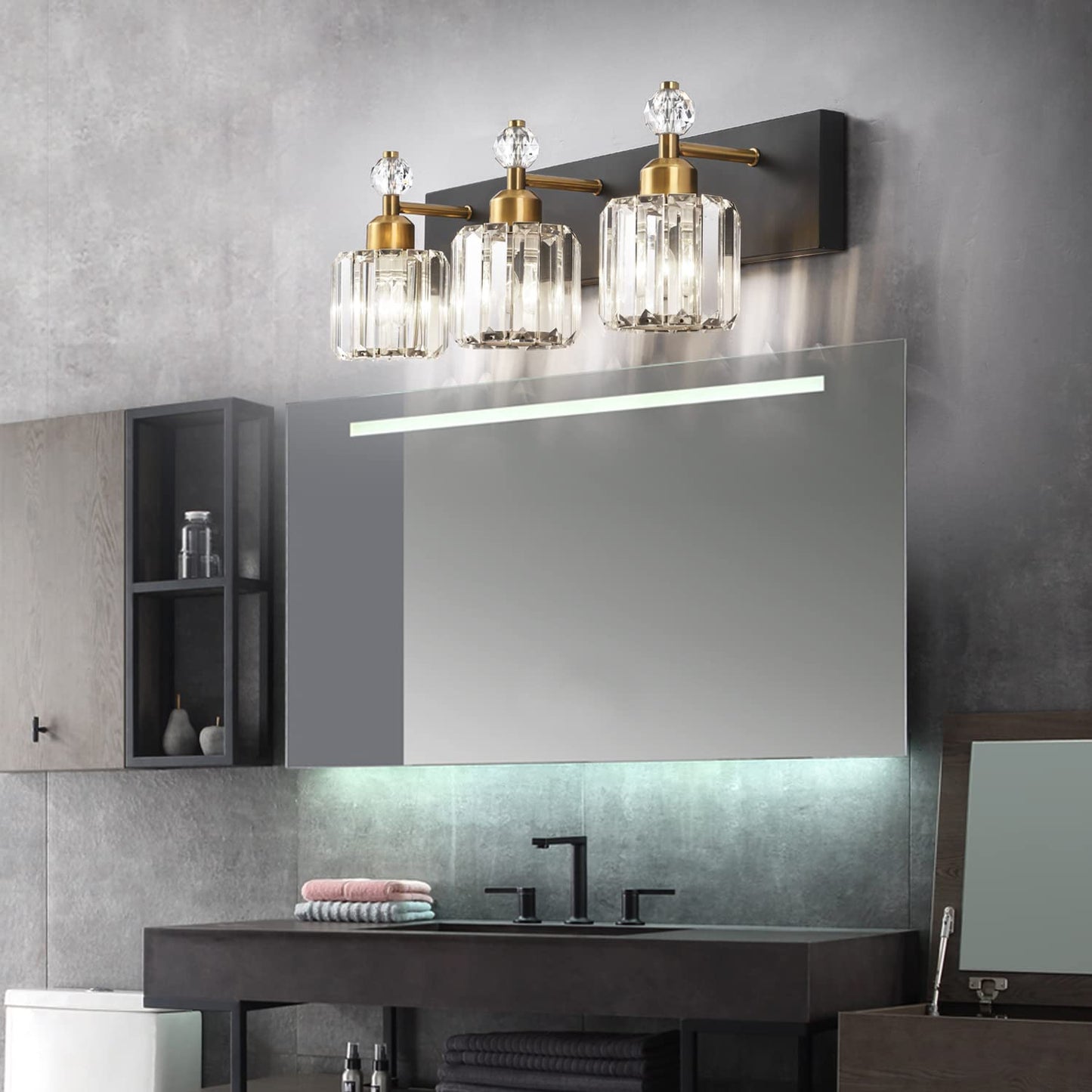 PRESDE Black Gold Crystal Bathroom Vanity Lights Fixtures Over Mirror Modern 3 Light Bath Wall Lighting