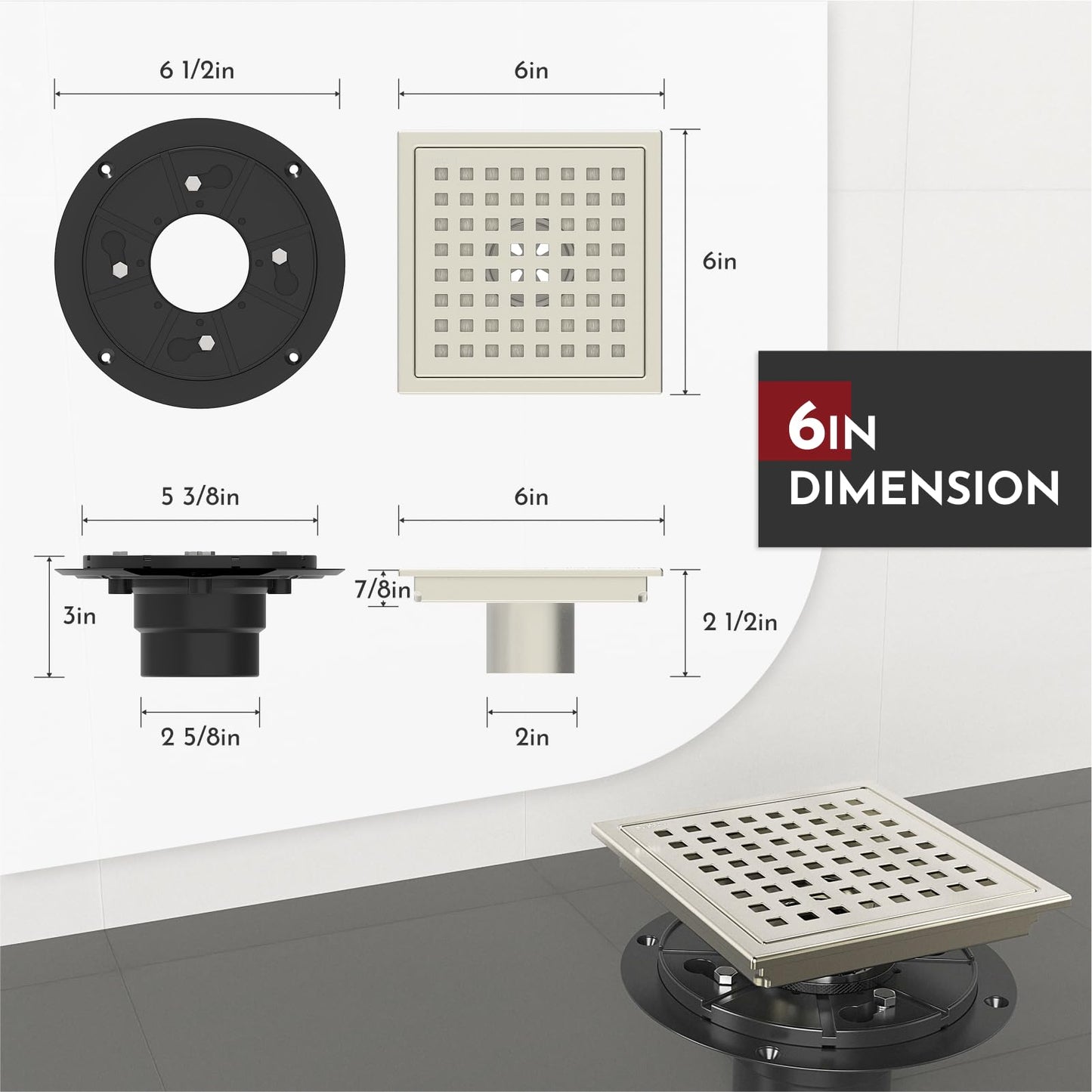 6 Inch Square Shower Floor Drain with Flange,Quadrato Pattern Grate Removable,Food-grade SUS 304 Stainless Steel,WATERMARK&CUPC Certified, Brushed Gold