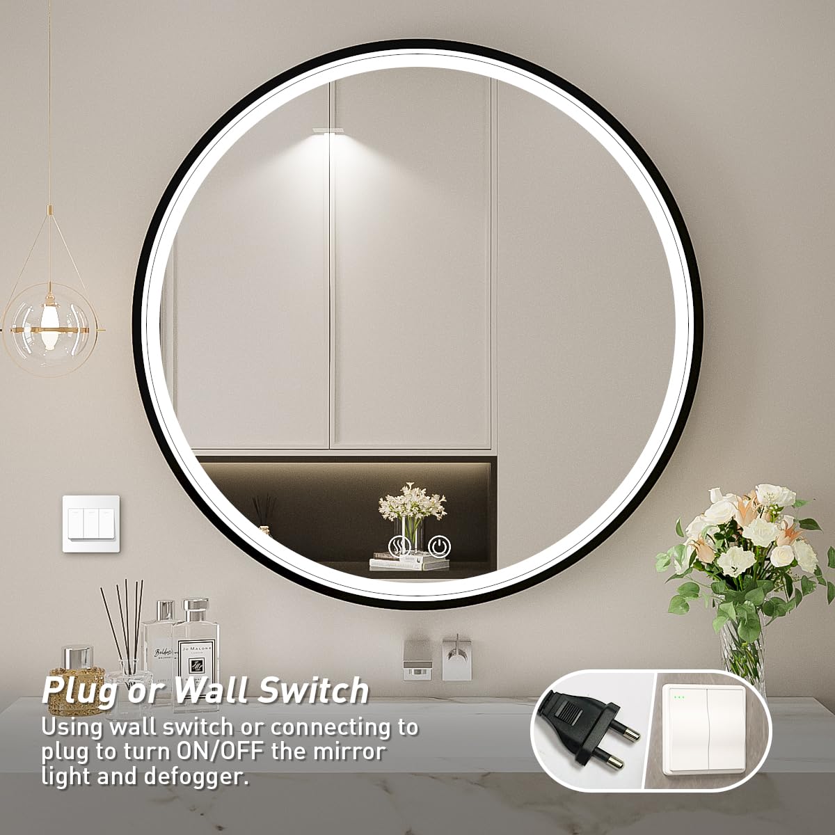 LED Round Mirror,36 Inch Gold Frame Bathroom Mirror with Light,6000K Lighted Vanity Mirror,Wall Mounted,Anti-Fog & Dimmable Touch Switch, Waterproof IP54