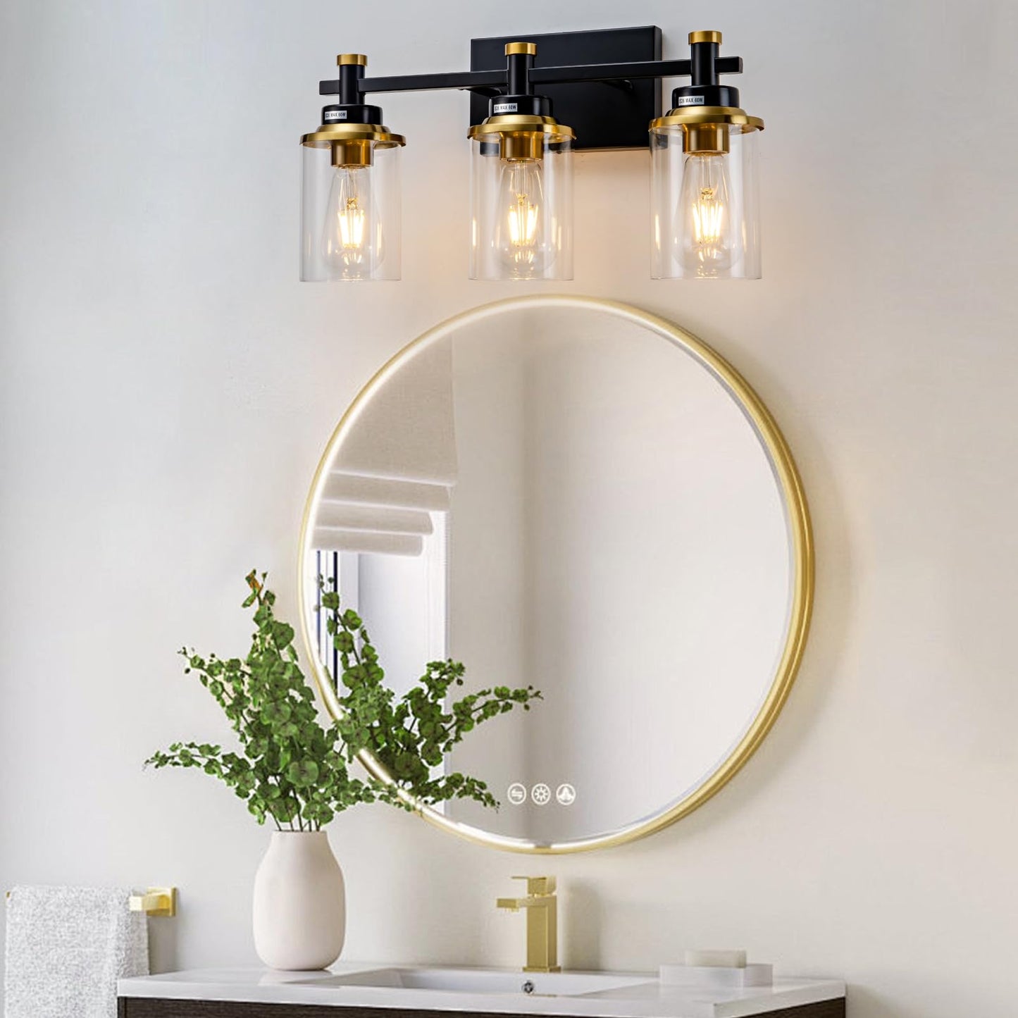 3 Light Bathroom Light Fixtures, Black and Brushed Gold Vanity Light Fixture Over Mirror, Modern Wall Sconces Lighting Wall Lamp for Bathroom, Bedroom, Hallway with Clear Glass Shade
