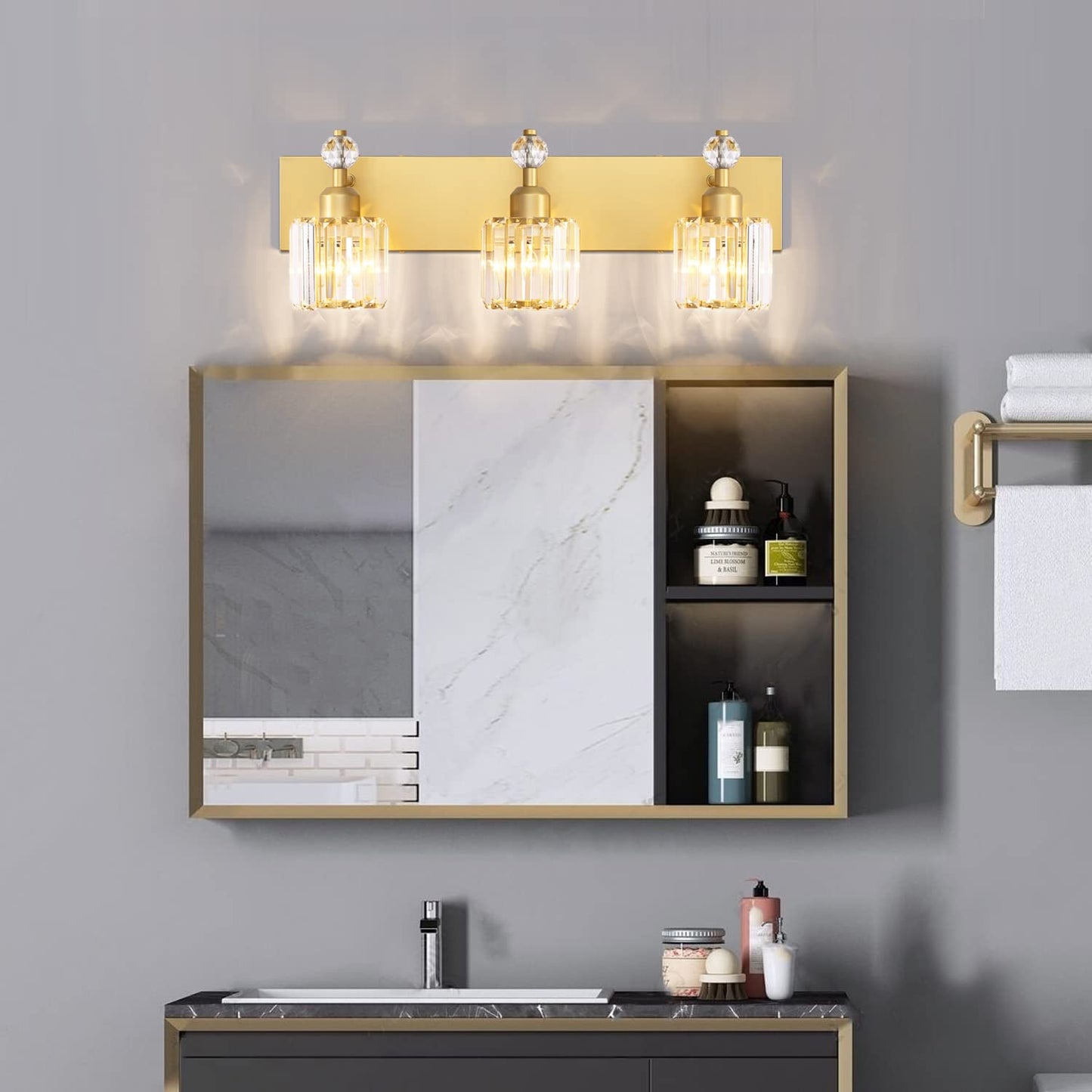 PRESDE Black Gold Crystal Bathroom Vanity Lights Fixtures Over Mirror Modern 3 Light Bath Wall Lighting