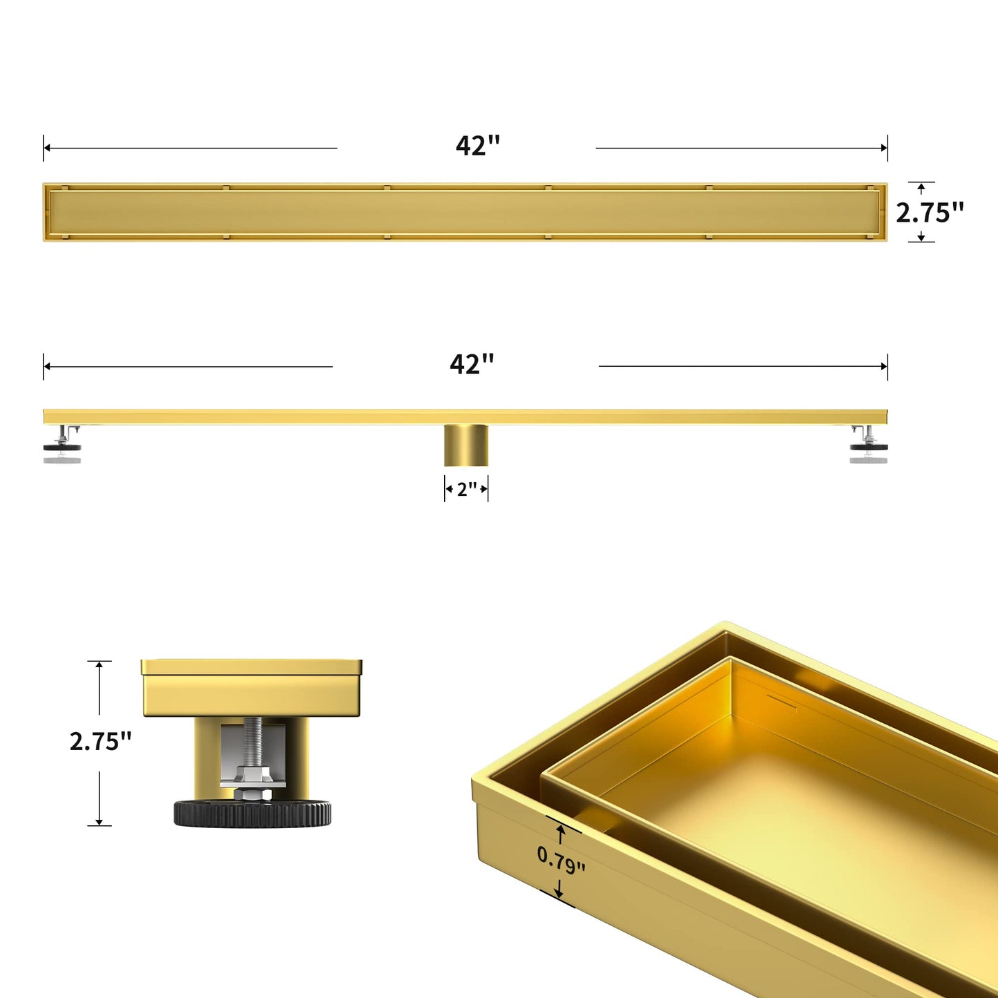 Square Shower Drain 6", Brushed Gold Floor Drain with Tiled Insert Grate & Hair Strainer, 304 Stainless Steel Bathroom 2-in-1 Tiled in Drain, CUPC Certified (Brushed Gold, 6'')