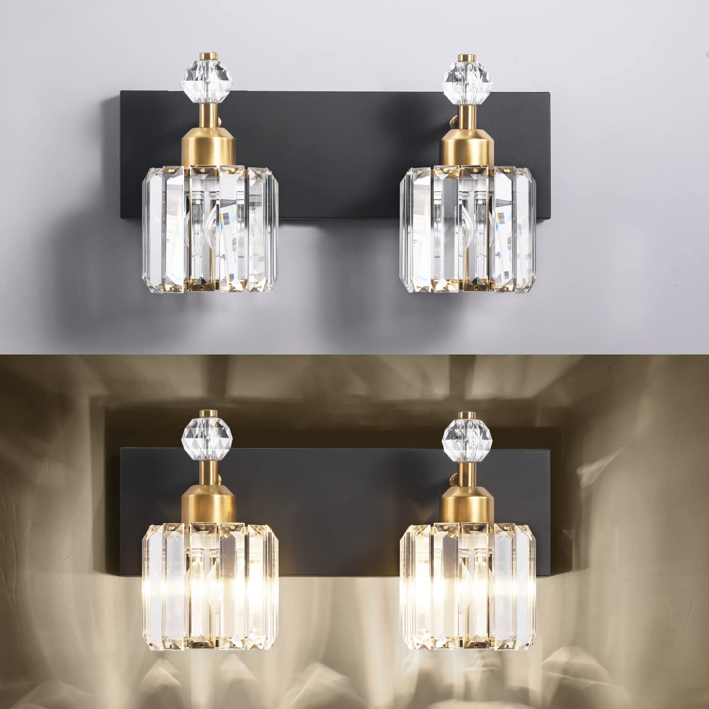 PRESDE Black Gold Crystal Bathroom Vanity Lights Fixtures Over Mirror Modern 3 Light Bath Wall Lighting