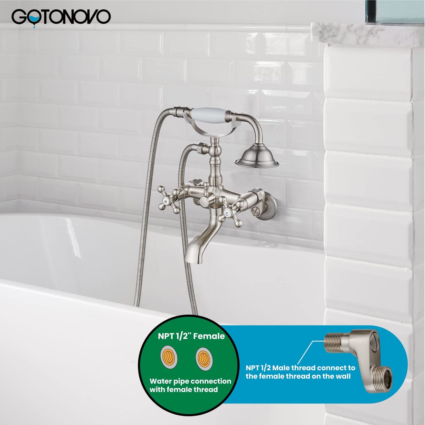 gotonovo Bathtub Clawfoot Faucet Brushed Nickel Finish Wall Mount Tub Filler with Hand Held Shower Faucet 2 Cross Handles with Tub Spout Victorian Vintage Telephone Style