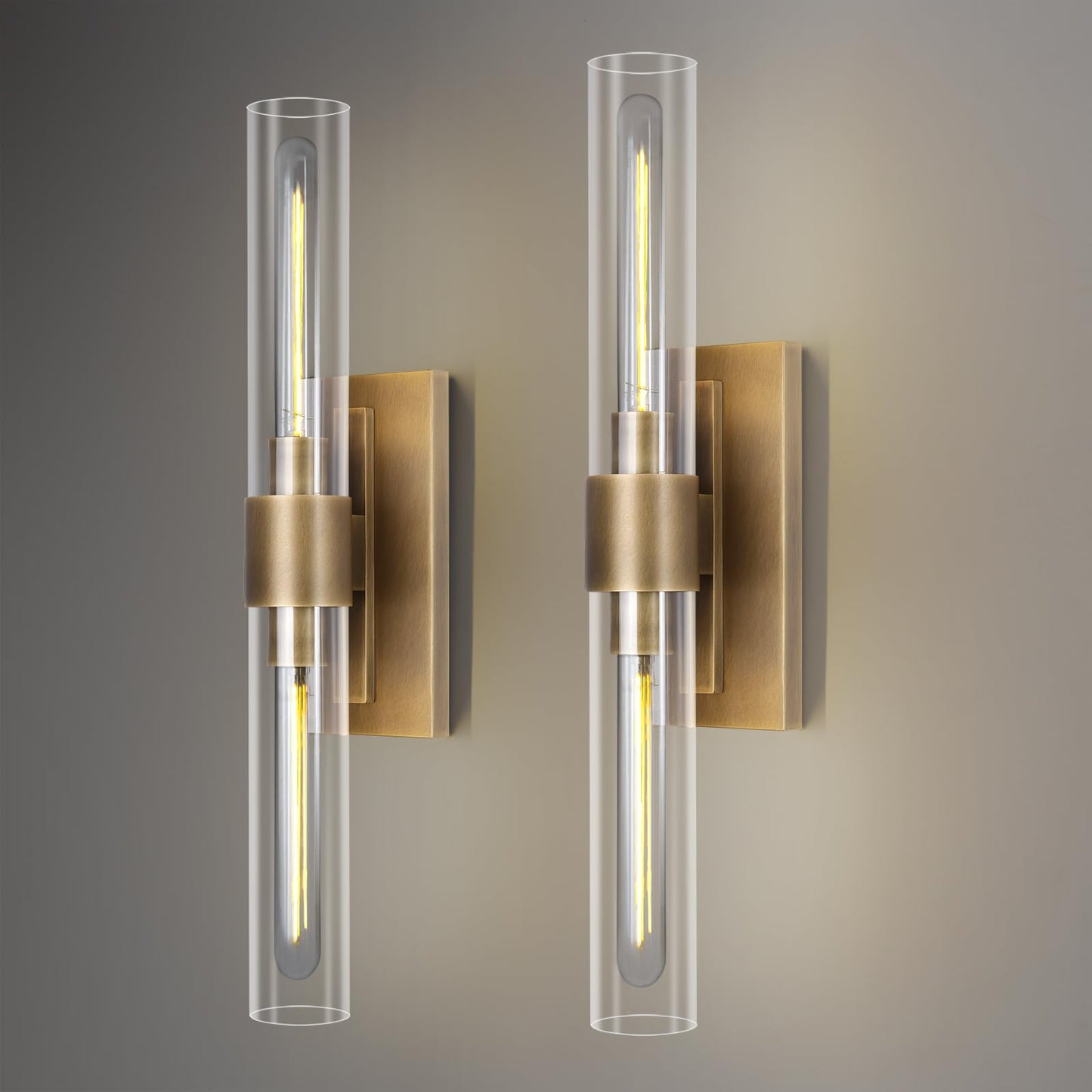 Brass Wall Sconces Set of Two, 22.8" Sconces Wall Lighting 2-Light, Gold Bathroom Vanity Wall Sconces, Glass Tube Wall Sconces, Indoor Wall Sconces for Bathroom, Bedroom, Vanity, Hallway