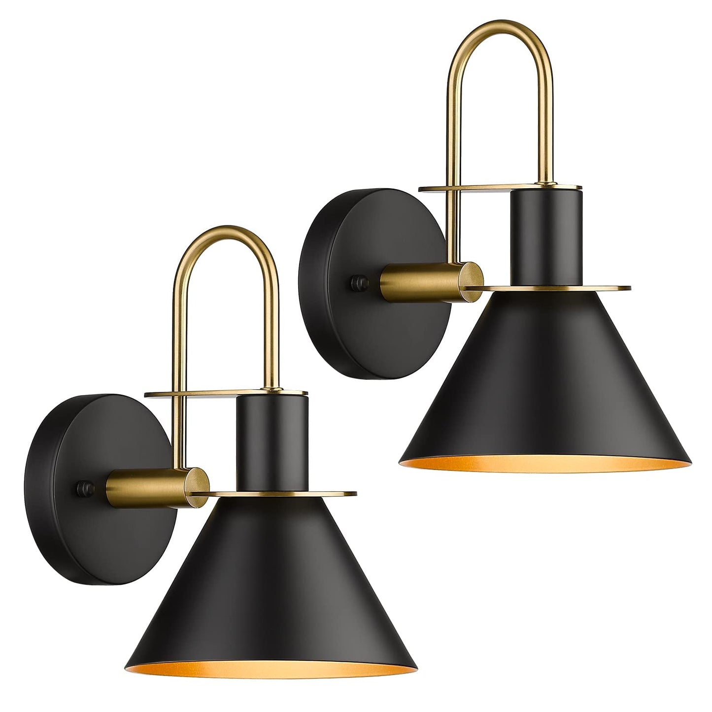 Modern Wall Sconces Set of Two, HWH Industrial Sconce Wall Lighting Indoor Wall Lamp, Gooseneck 1-Light Barn Vanity Light, Hammered Metal Shade, Black and Gold Finish, 5HZG74B-2 BK+BG