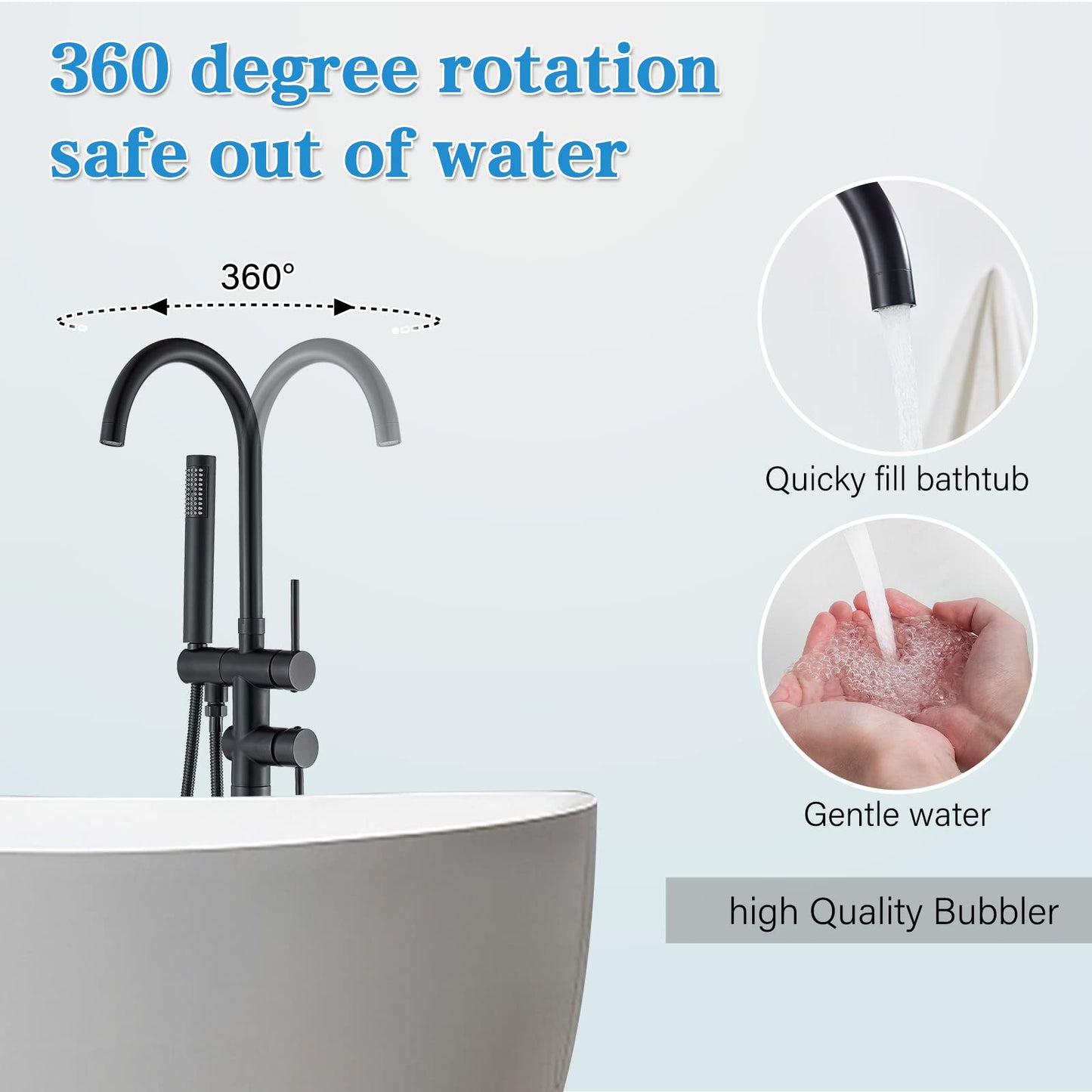 YAGATAP Freestanding Bathtub Faucet Floor Mount Tub Filler Matte Black High Flow Shower Faucets with Handheld Shower Mixer Taps Swivel Spout