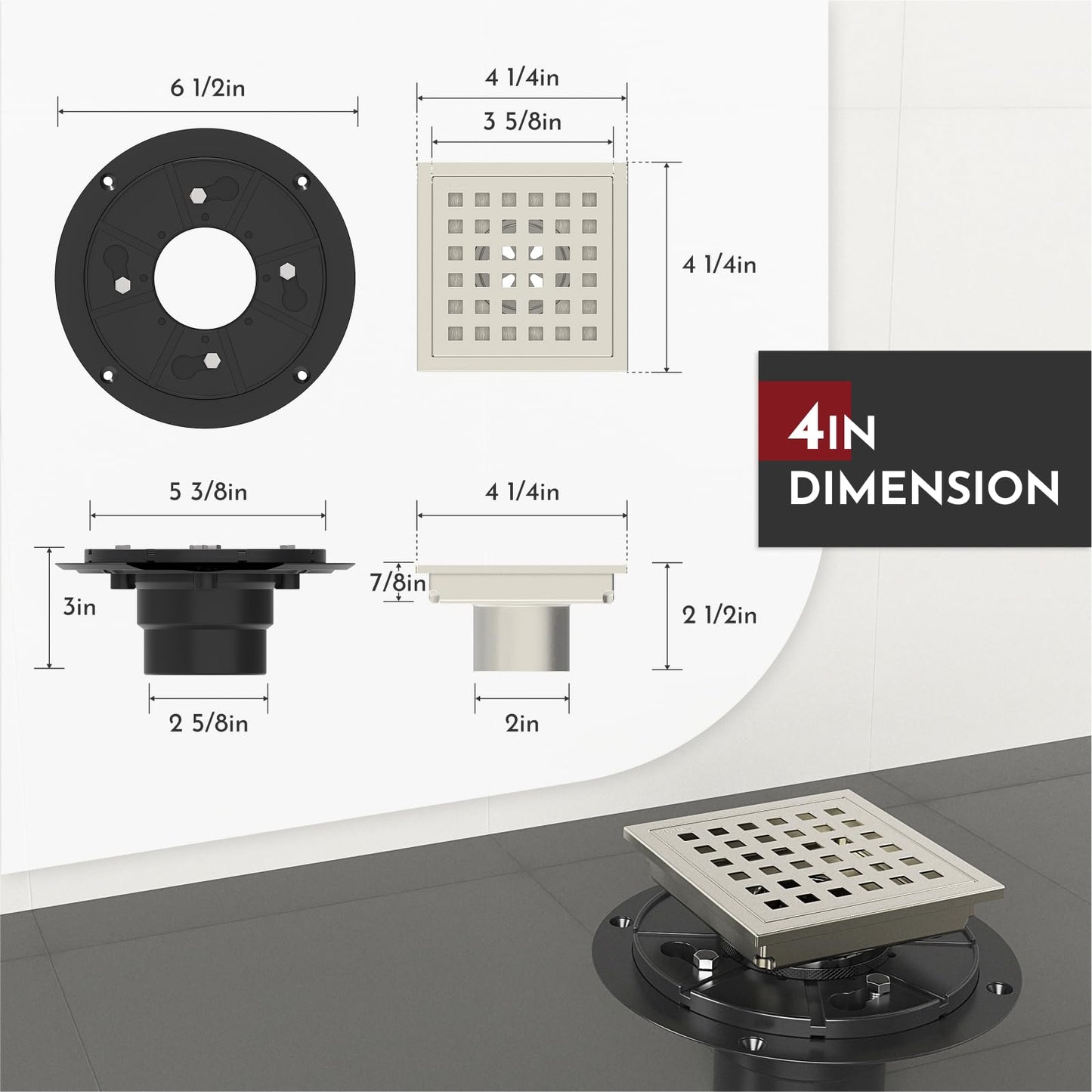 6 Inch Square Shower Floor Drain with Flange,Quadrato Pattern Grate Removable,Food-grade SUS 304 Stainless Steel,WATERMARK&CUPC Certified, Brushed Gold
