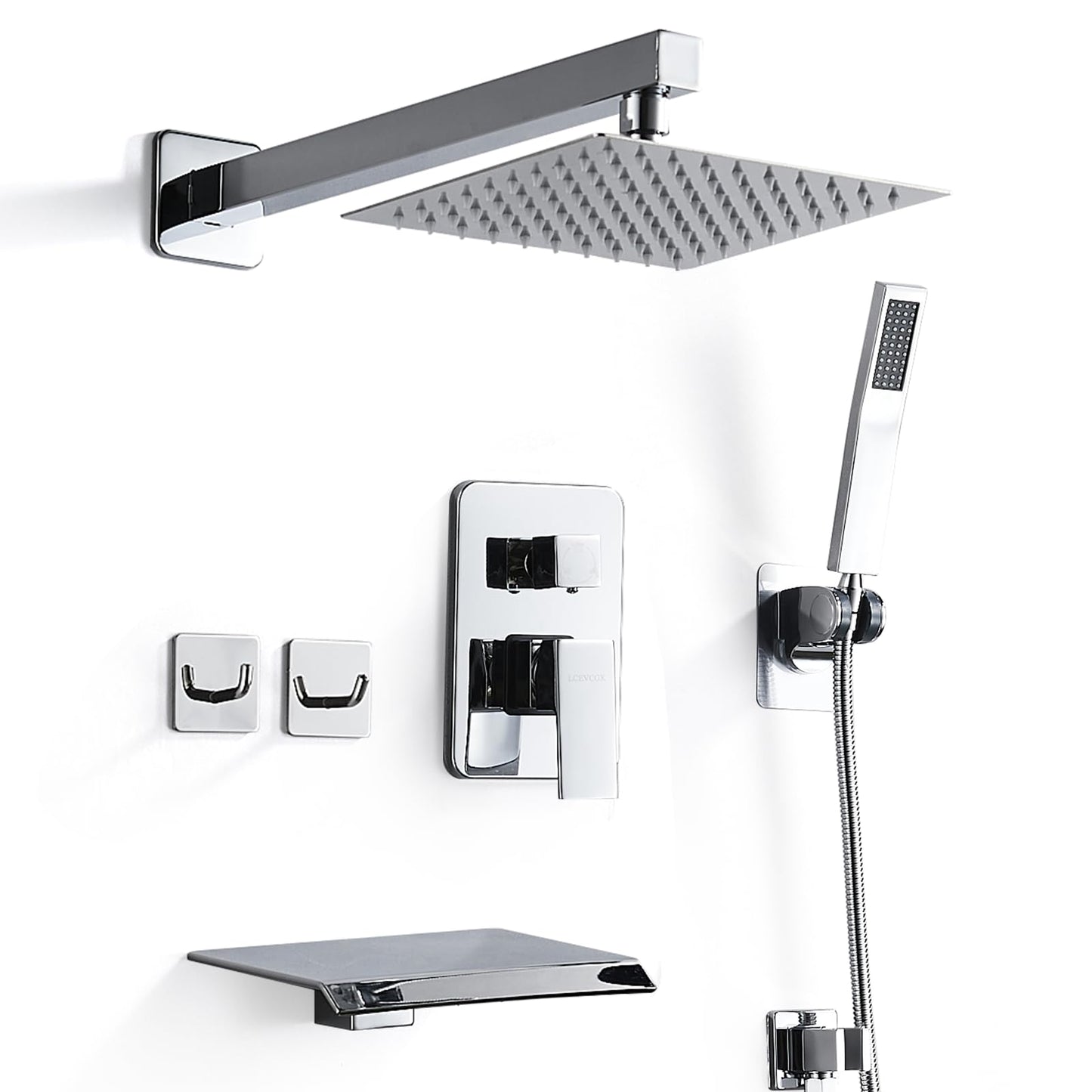 8 Inch Shower Faucet Set, Rainfall Shower System with High Pressure Handheld Shower Head, Bathroom Mixer Shower Set Wall Mounted Rough-in Valve and Trim Kit, with Tub Spout