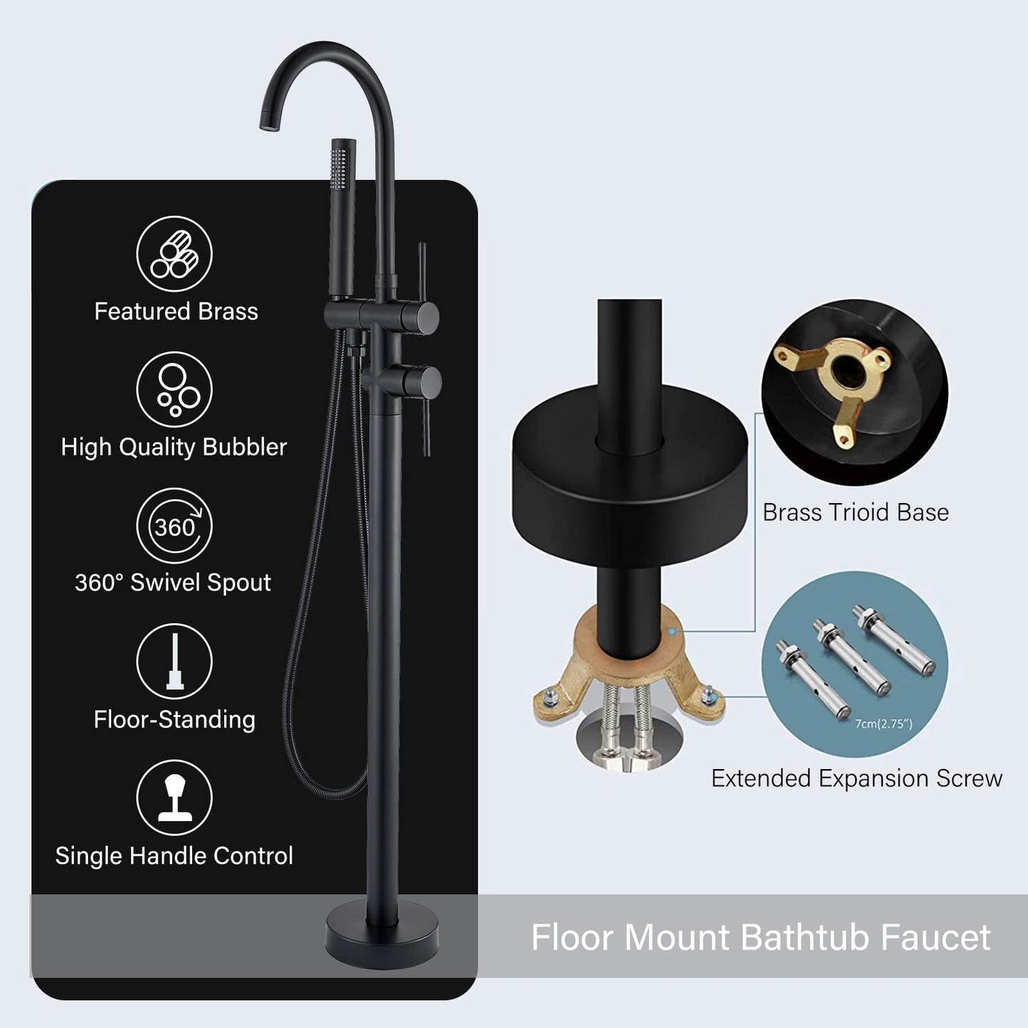 YAGATAP Freestanding Bathtub Faucet Floor Mount Tub Filler Matte Black High Flow Shower Faucets with Handheld Shower Mixer Taps Swivel Spout