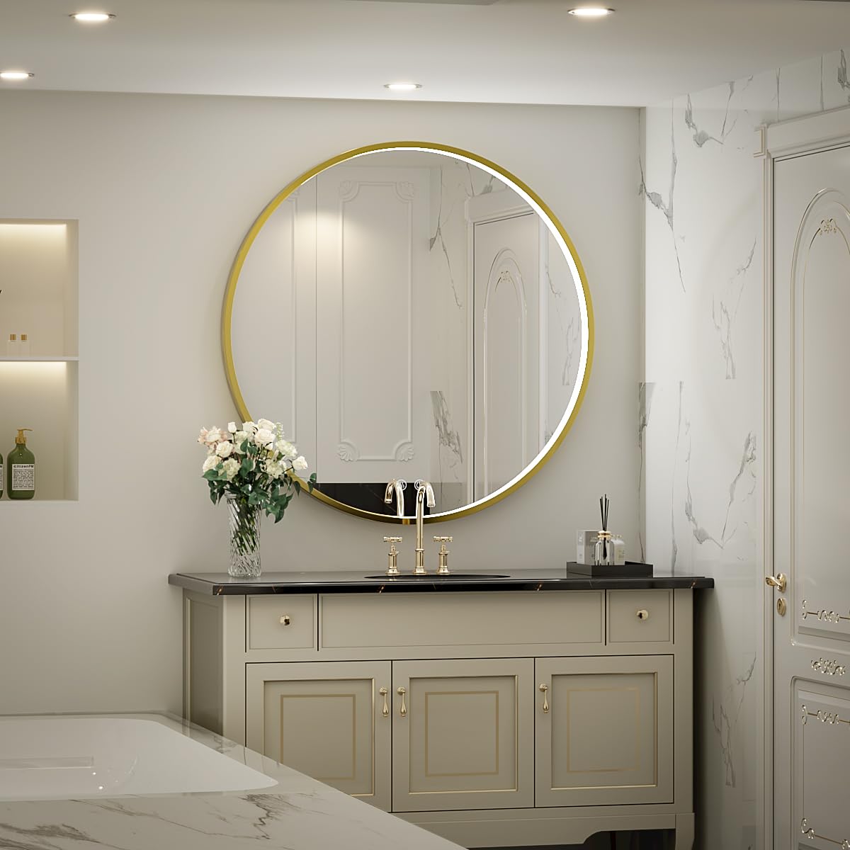 LED Round Mirror,36 Inch Gold Frame Bathroom Mirror with Light,6000K Lighted Vanity Mirror,Wall Mounted,Anti-Fog & Dimmable Touch Switch, Waterproof IP54