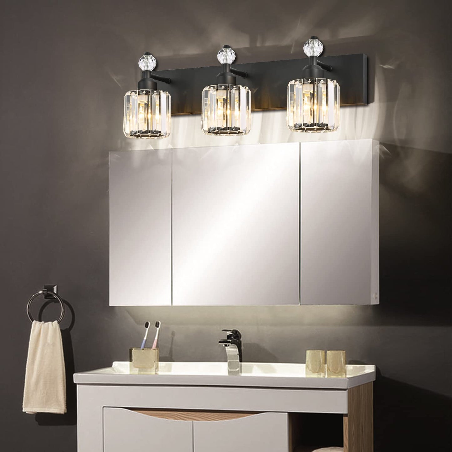 PRESDE Black Gold Crystal Bathroom Vanity Lights Fixtures Over Mirror Modern 3 Light Bath Wall Lighting