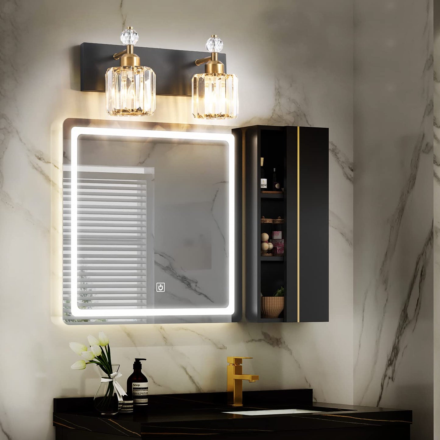 PRESDE Black Gold Crystal Bathroom Vanity Lights Fixtures Over Mirror Modern 3 Light Bath Wall Lighting