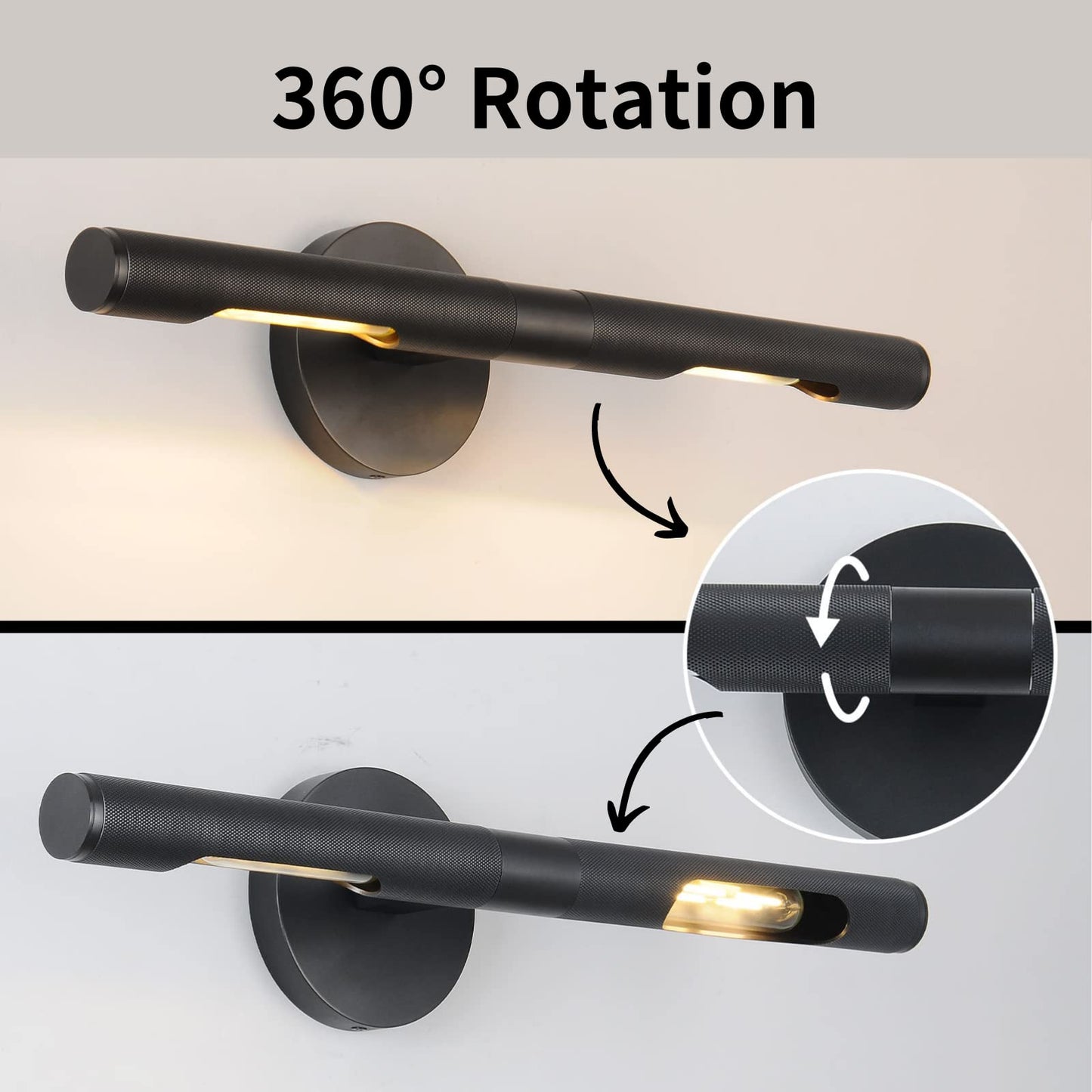 Knurled Brass Picture Light,19 in Gold Picture Lights For Wall,Rotatable 360° Wall Sconces Lighting,Bathroom Vanity Light,Bathroom Wall Sconce,Linear Knurled texture Wall Sconce,Includes bulbs