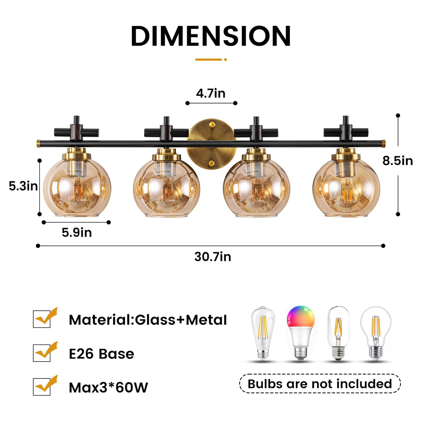 Bathroom Vanity Light, 3-Lights Vanity Lights for Bathroom, Bathroom Light Fixtures Over Mirror with Amber Glass Shade, 23 inch Modern Vanity Light (Amber Glass, 3 Lights)