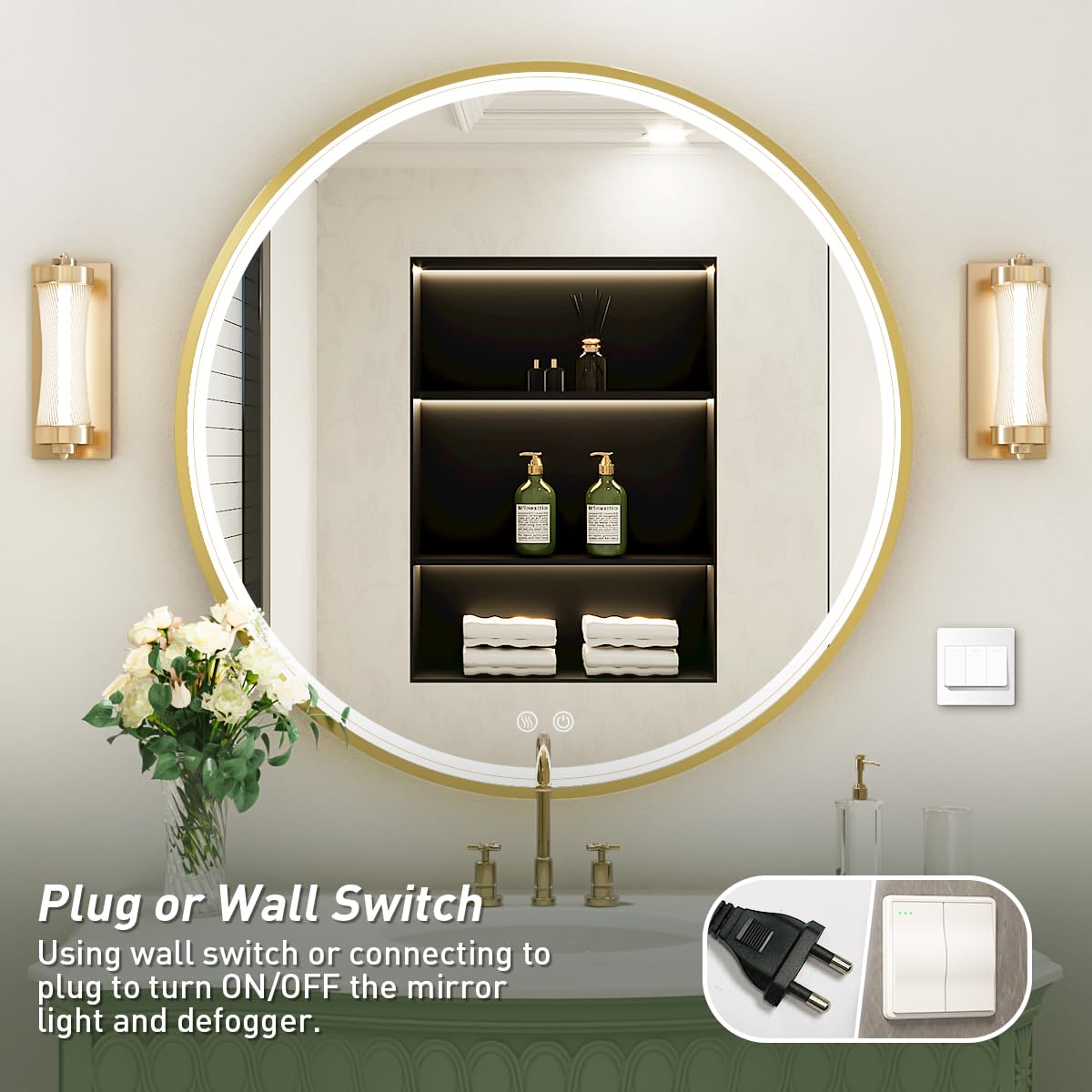 LED Round Mirror,36 Inch Gold Frame Bathroom Mirror with Light,6000K Lighted Vanity Mirror,Wall Mounted,Anti-Fog & Dimmable Touch Switch, Waterproof IP54
