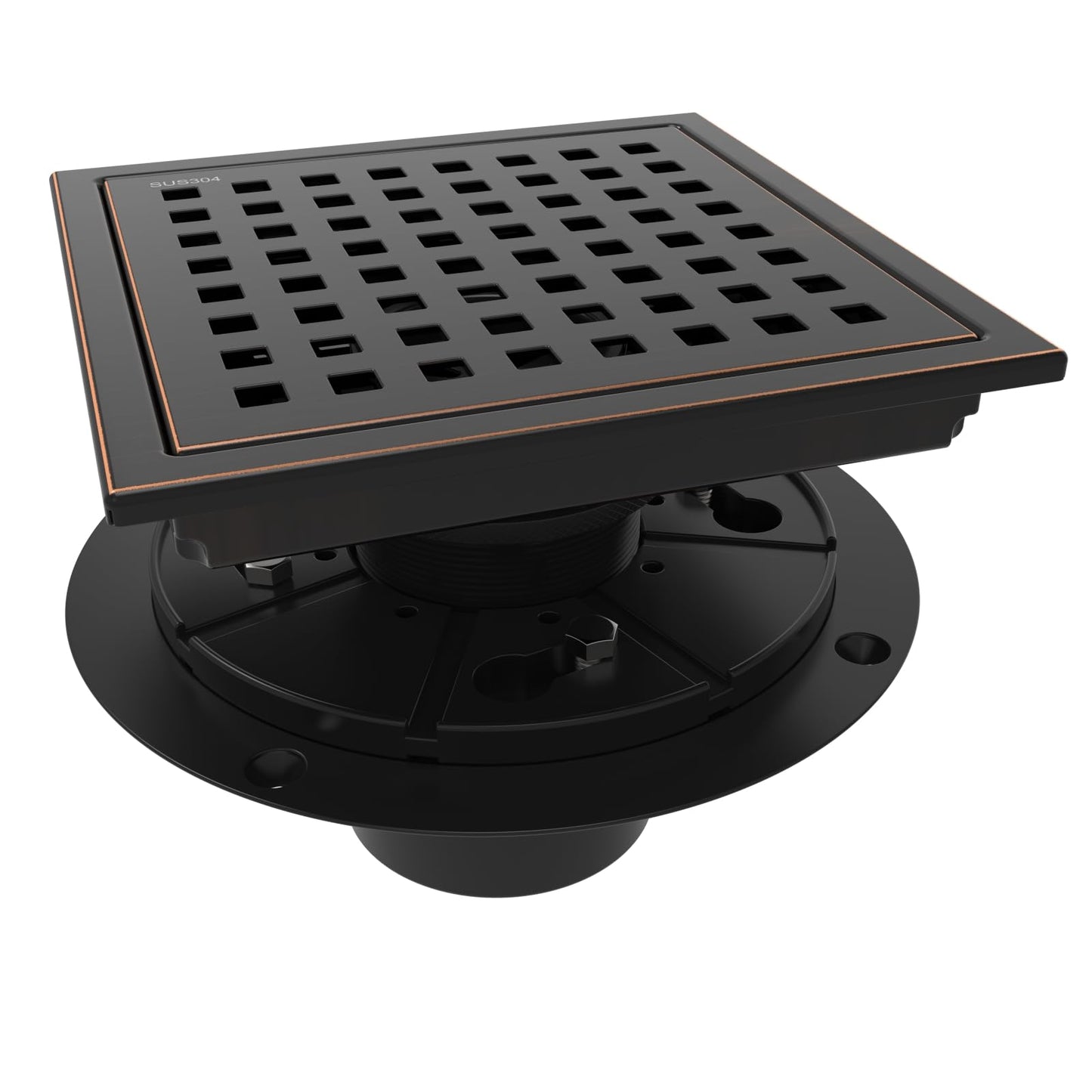 6 Inch Square Shower Floor Drain with Flange,Quadrato Pattern Grate Removable,Food-grade SUS 304 Stainless Steel,WATERMARK&CUPC Certified, Brushed Gold