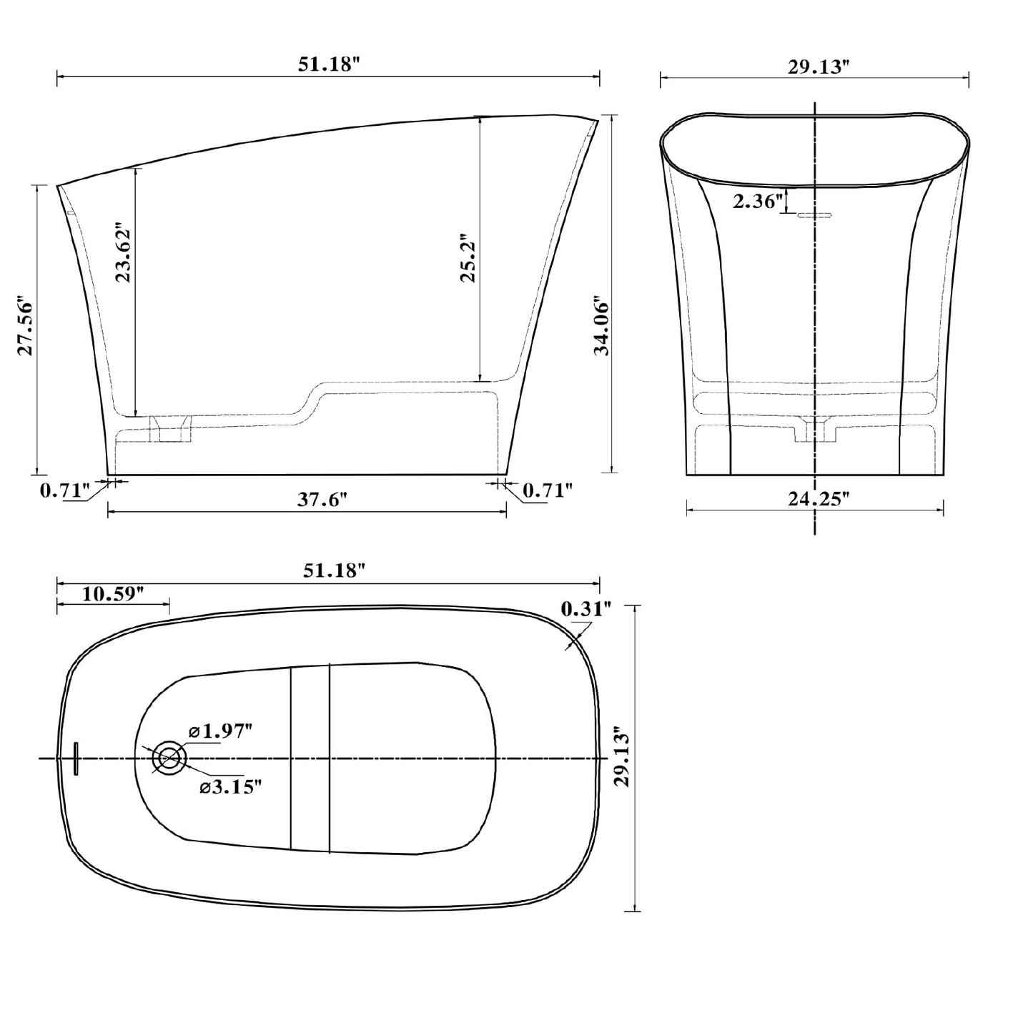 51'' Japanese Soaking Tub Freestanding Bathtub Resin Stone Bathtubs Deep soaking Tub with Overflow and Pop-up Drain - White