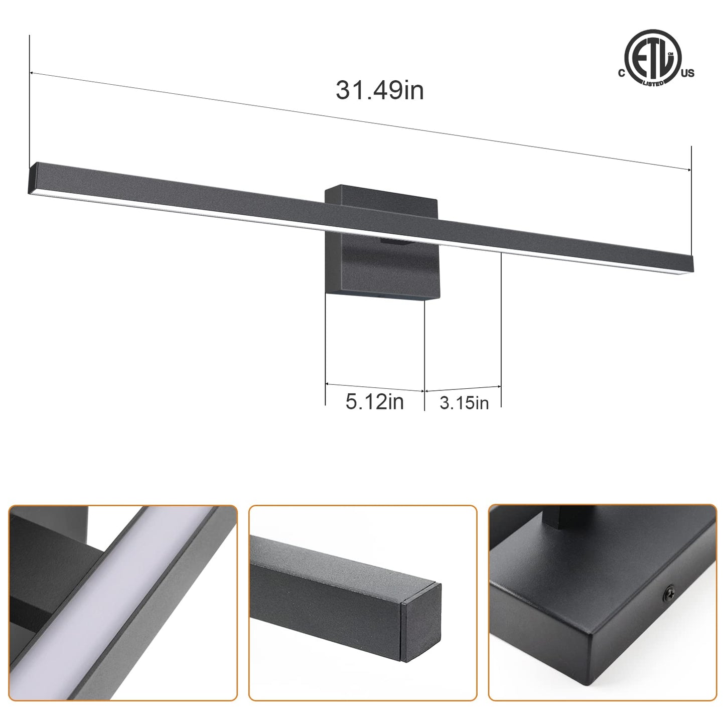 VOLISUN Modern Bathroom Vanity Light 15.7 inch, 12W Dimmable 5CCT Led Bathroom Light Fixture Over Mirror, Black Bar Vanity Light for Bathroom Mirror Restroom-ETL Certificated
