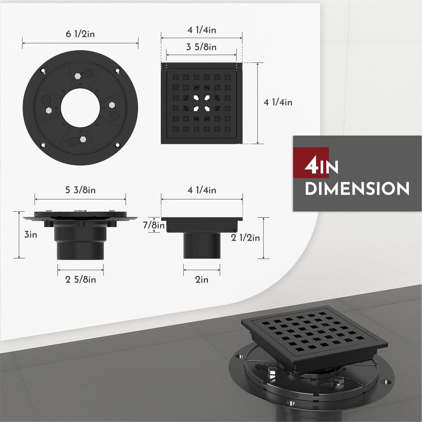 6 Inch Square Shower Floor Drain with Flange,Quadrato Pattern Grate Removable,Food-grade SUS 304 Stainless Steel,WATERMARK&CUPC Certified, Brushed Gold