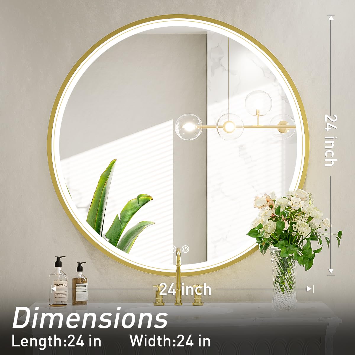 LED Round Mirror,36 Inch Gold Frame Bathroom Mirror with Light,6000K Lighted Vanity Mirror,Wall Mounted,Anti-Fog & Dimmable Touch Switch, Waterproof IP54