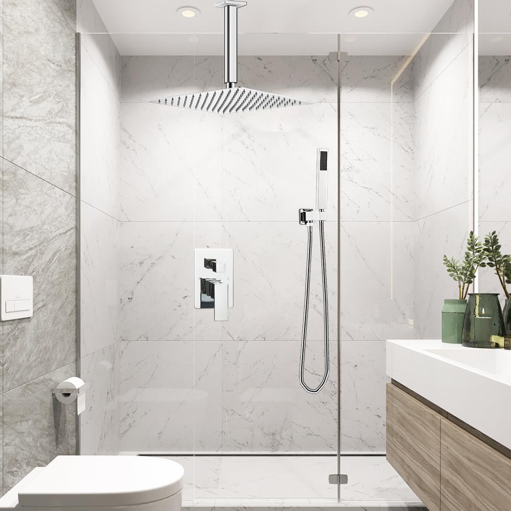 Shower System Brushed Nickel Bathroom 10 Inch Rain Shower Head Ceiling Mount with Handheld Luxury High Pressure Shower Combo Set Shower Faucet Rough-in Valve Body and Trim Included