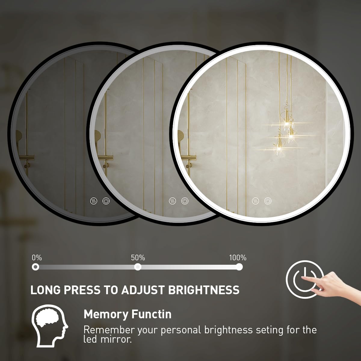 LED Round Mirror,36 Inch Gold Frame Bathroom Mirror with Light,6000K Lighted Vanity Mirror,Wall Mounted,Anti-Fog & Dimmable Touch Switch, Waterproof IP54