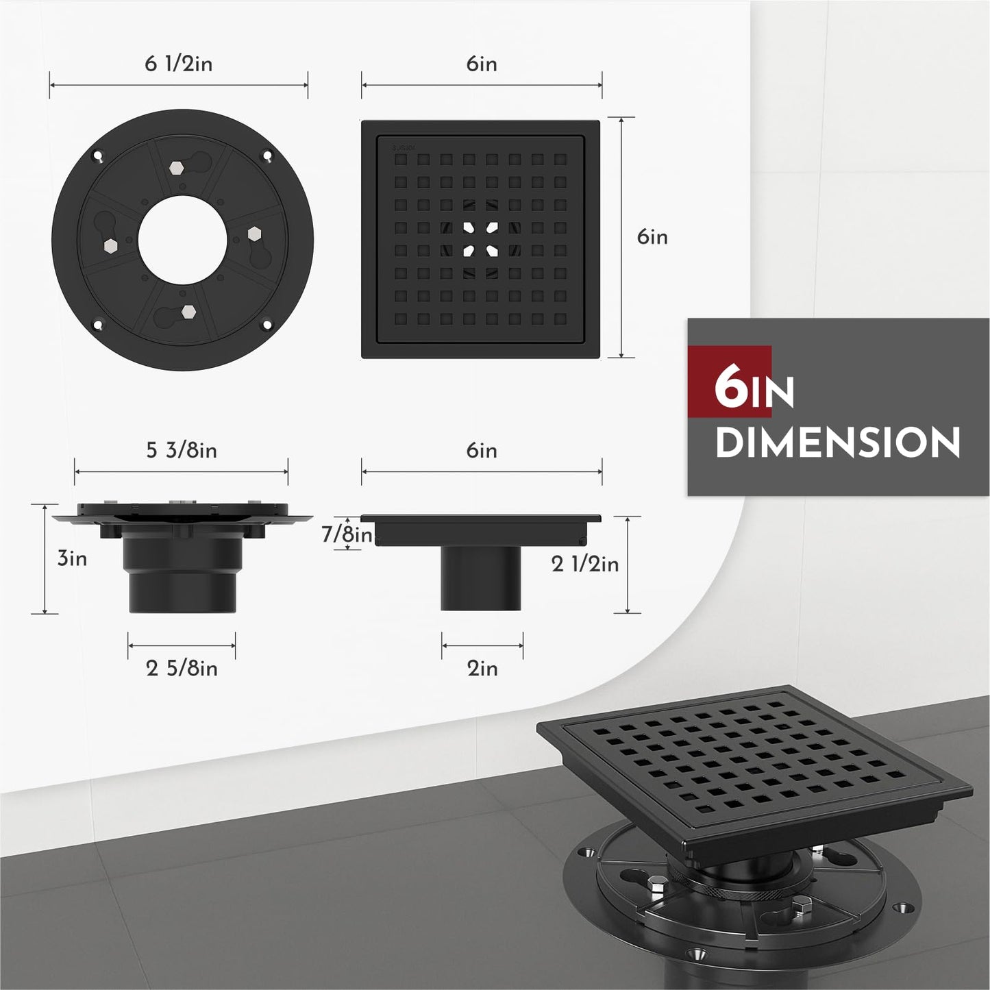 6 Inch Square Shower Floor Drain with Flange,Quadrato Pattern Grate Removable,Food-grade SUS 304 Stainless Steel,WATERMARK&CUPC Certified, Brushed Gold