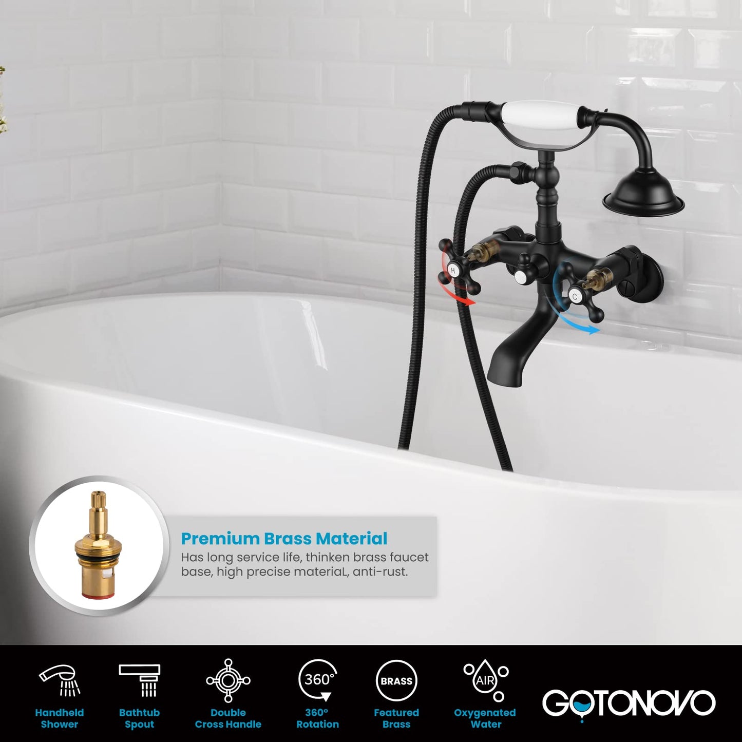 gotonovo Bathtub Clawfoot Faucet Brushed Nickel Finish Wall Mount Tub Filler with Hand Held Shower Faucet 2 Cross Handles with Tub Spout Victorian Vintage Telephone Style