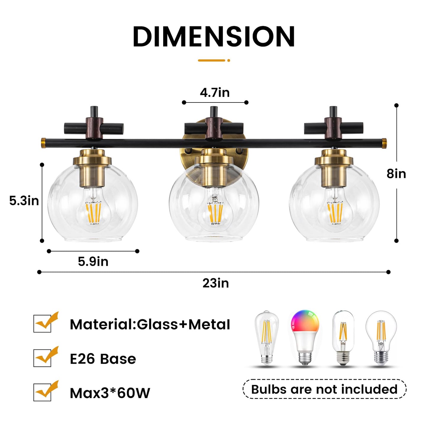Bathroom Vanity Light, 3-Lights Vanity Lights for Bathroom, Bathroom Light Fixtures Over Mirror with Amber Glass Shade, 23 inch Modern Vanity Light (Amber Glass, 3 Lights)