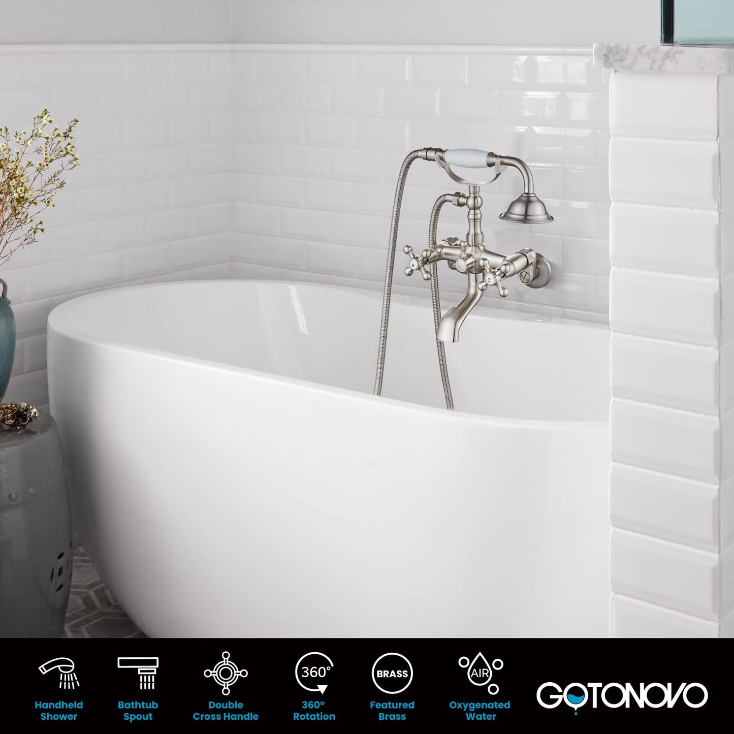 gotonovo Bathtub Clawfoot Faucet Brushed Nickel Finish Wall Mount Tub Filler with Hand Held Shower Faucet 2 Cross Handles with Tub Spout Victorian Vintage Telephone Style