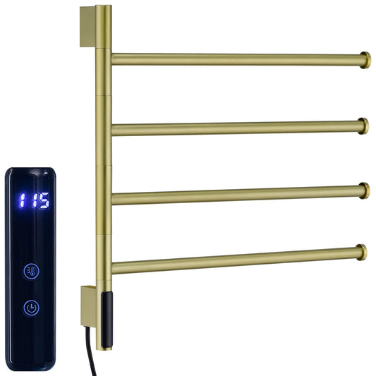 Towel Warmer Bathroom Swing 4 Bars Heated Stainless Steel Towel Rack with LED 1-24 Hour Timer 45-70°C Adjustable Temperature,Swivel Plug-in Wall Mounted Electric Drying Rack, Brushed Gold
