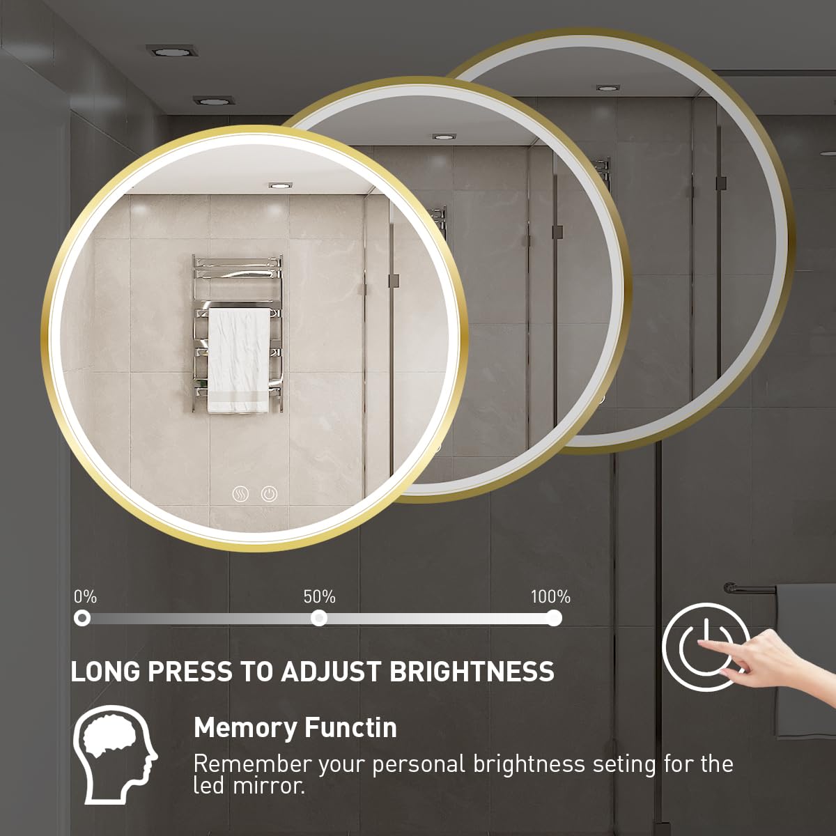 LED Round Mirror,36 Inch Gold Frame Bathroom Mirror with Light,6000K Lighted Vanity Mirror,Wall Mounted,Anti-Fog & Dimmable Touch Switch, Waterproof IP54