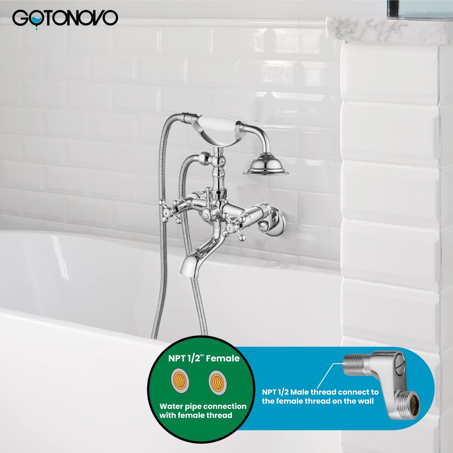 gotonovo Bathtub Clawfoot Faucet Brushed Nickel Finish Wall Mount Tub Filler with Hand Held Shower Faucet 2 Cross Handles with Tub Spout Victorian Vintage Telephone Style