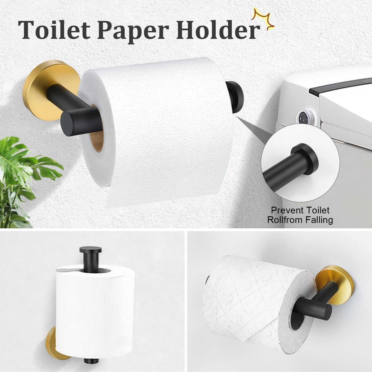 TURS Brushed Gold 5 Piece Bathroom Hardware Set, SUS304 Stainless Steel 24 Inch Bath Towel Bar Set, Round Bathroom Accessories Kit Wall Mounted