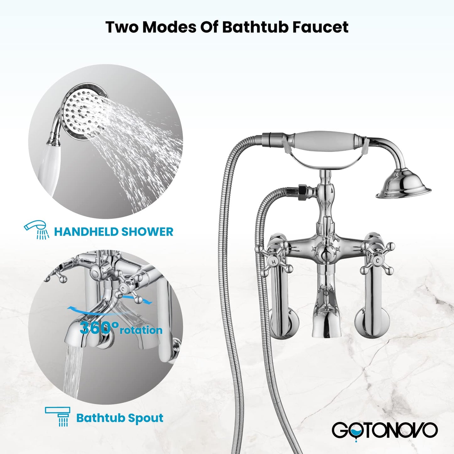 gotonovo Bathtub Clawfoot Faucet Brushed Nickel Finish Wall Mount Tub Filler with Hand Held Shower Faucet 2 Cross Handles with Tub Spout Victorian Vintage Telephone Style