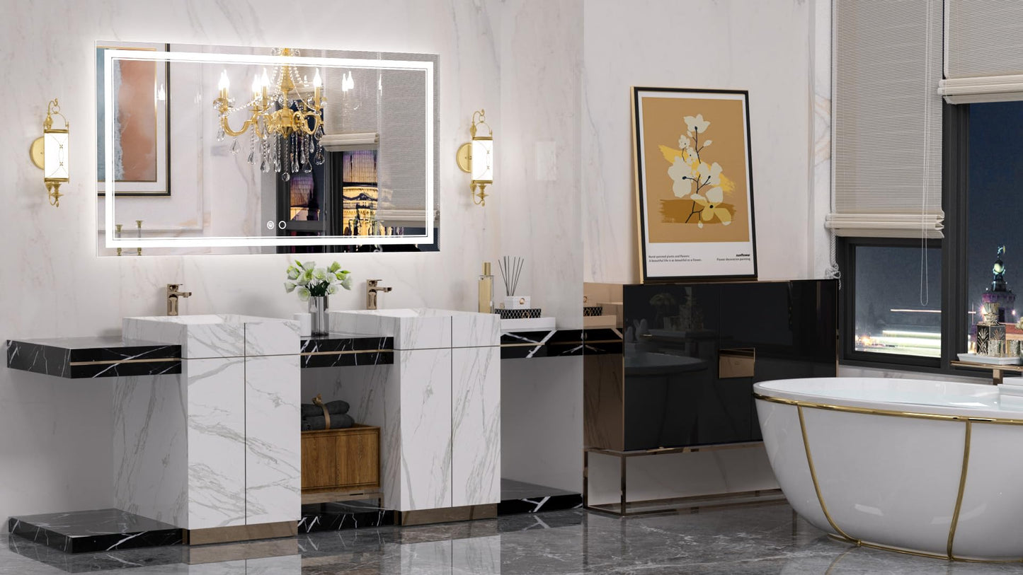 Keonjinn LED Bathroom Mirror 55 x 30 Inch Large Bathroom Mirror with Front Lights Lighted Vanity Mirror Wall Mounted Makeup Mirror Anti-Fog Dimmable Tempered Glass (Horizontal/Vertical)