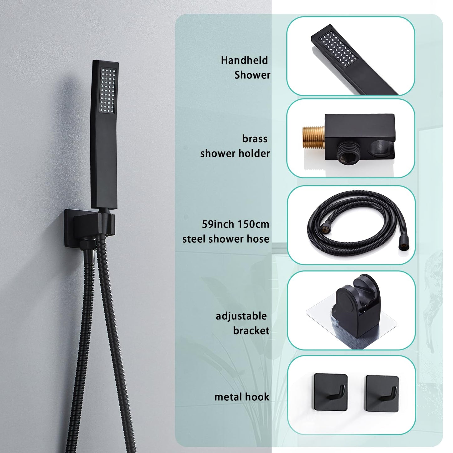 8 Inch Shower Faucet Set, Rainfall Shower System with High Pressure Handheld Shower Head, Bathroom Mixer Shower Set Wall Mounted Rough-in Valve and Trim Kit, with Tub Spout