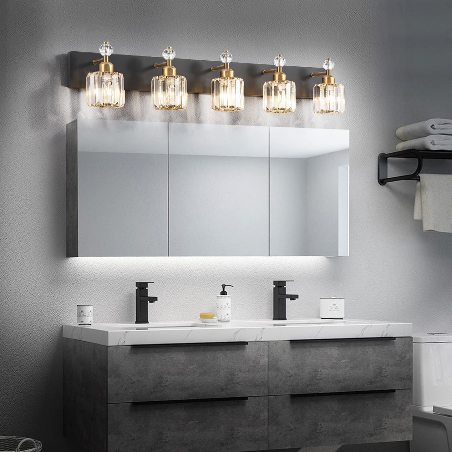 PRESDE Black Gold Crystal Bathroom Vanity Lights Fixtures Over Mirror Modern 3 Light Bath Wall Lighting