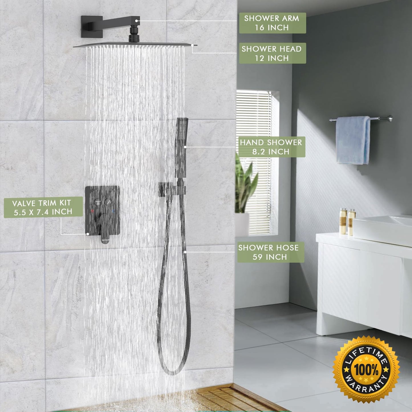 Matte Black Shower System, Shower Faucet Set with 3 Way Pressure Balance Valve and Trim Kit All Metal 10 Inch Rainfall Shower Head System Wall Mounted Can Use All Faucets At Same Time