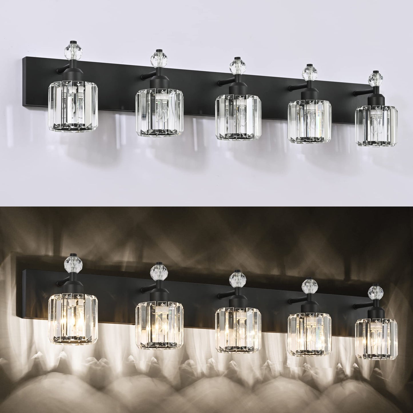 PRESDE Black Gold Crystal Bathroom Vanity Lights Fixtures Over Mirror Modern 3 Light Bath Wall Lighting